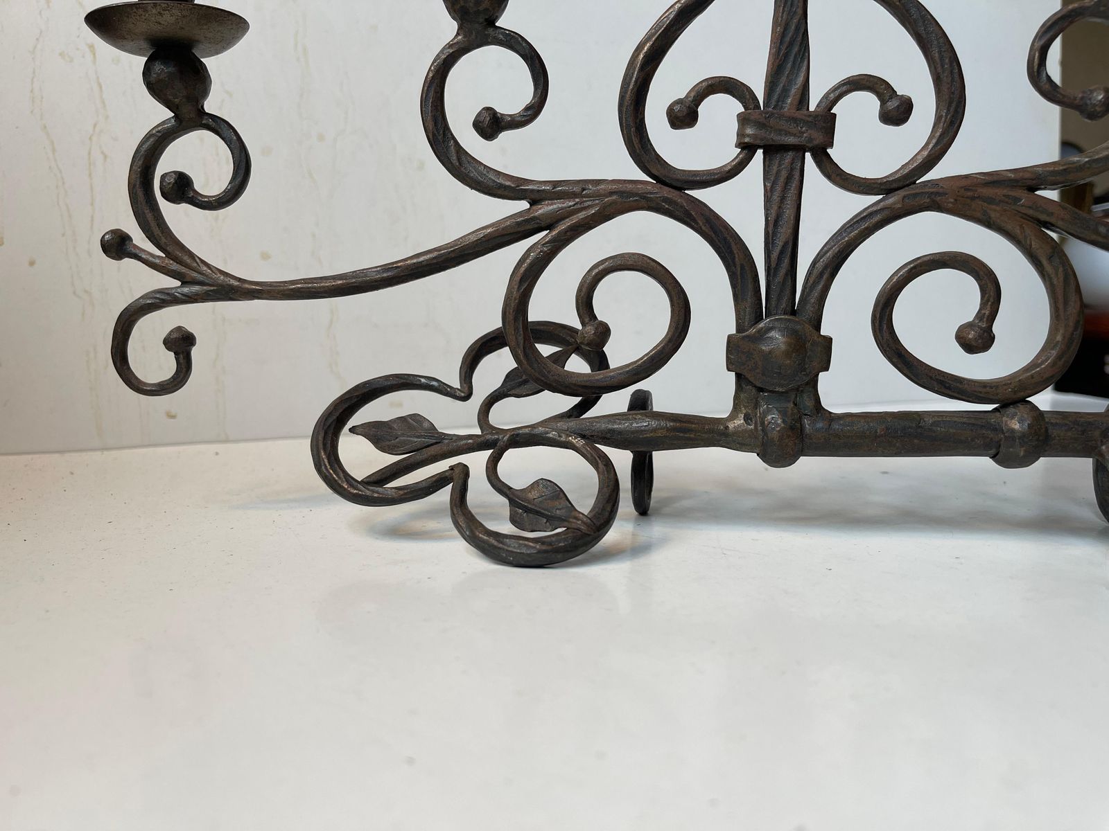 Old Italian Hand Forged Wrought Iron Church 'Key' Candelabra W. 5 Arms photo for sale