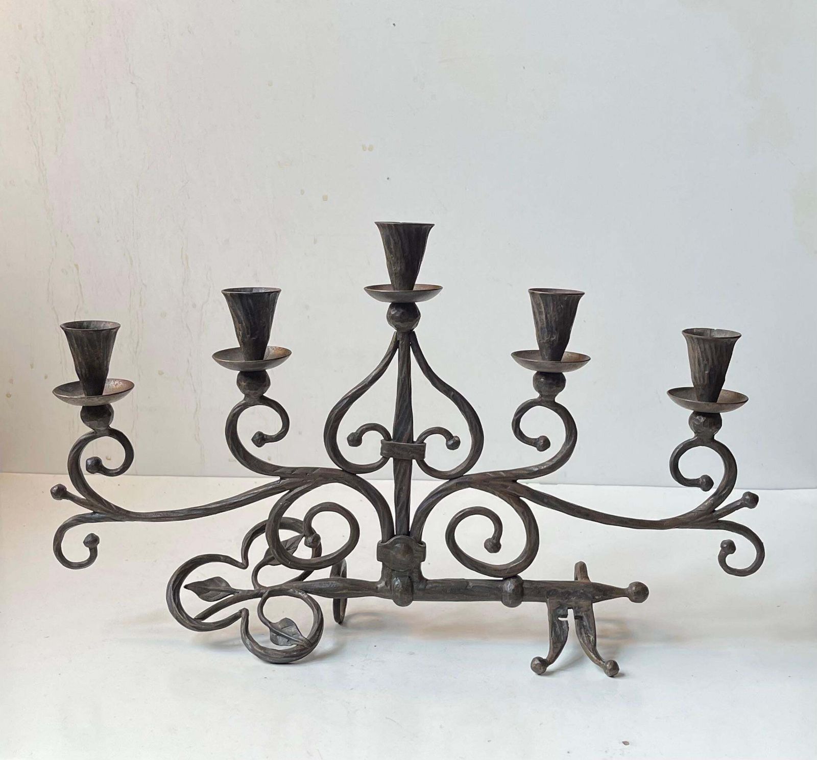 Old Italian Hand Forged Wrought Iron Church 'Key' Candelabra W. 5 Arms photo vinterior