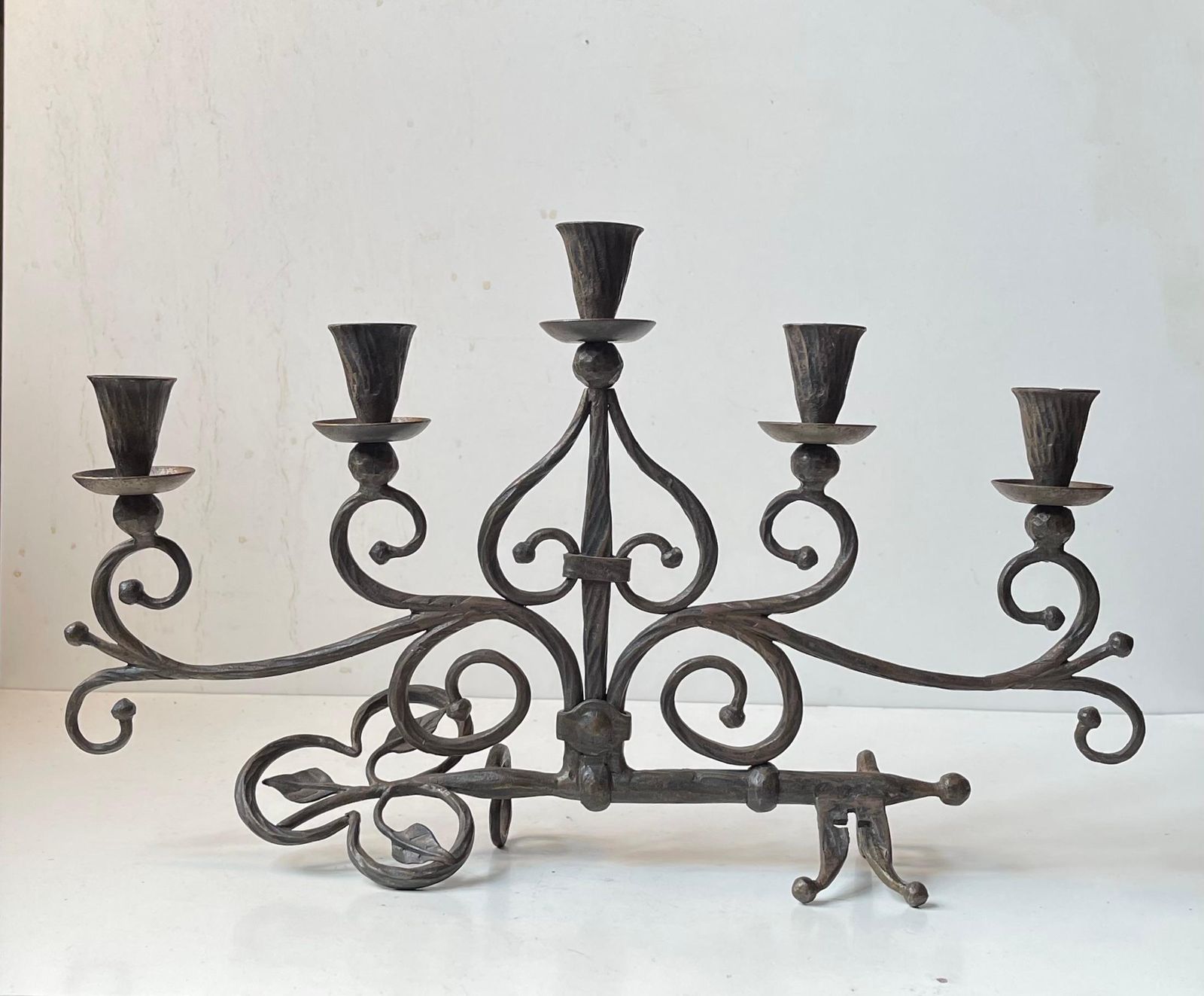 Old Italian Hand Forged Wrought Iron Church 'Key' Candelabra W. 5 Arms photo buy