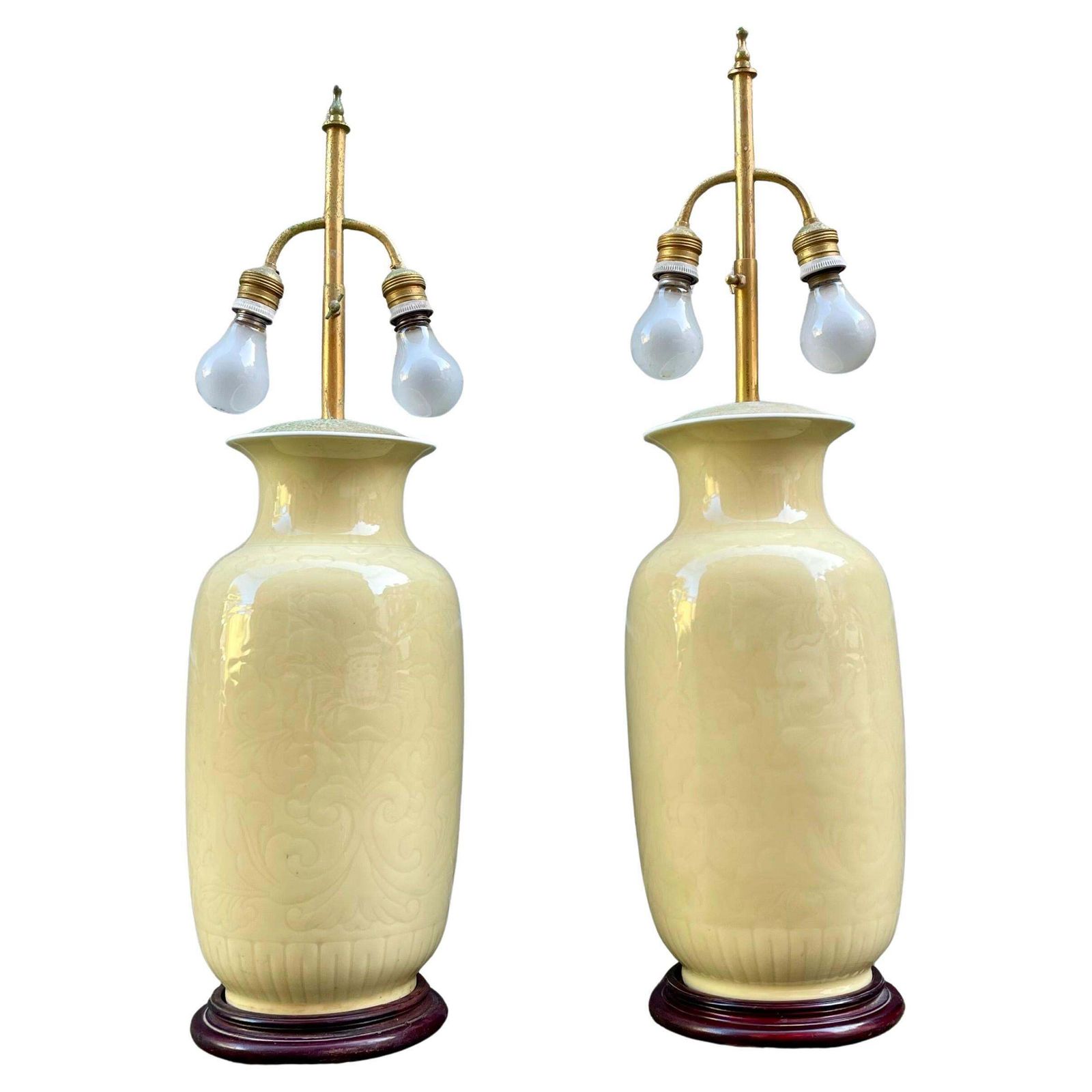 Chinese Pale Yellow Celadon Porcelain Table   Floor Lamps, Set Of 2