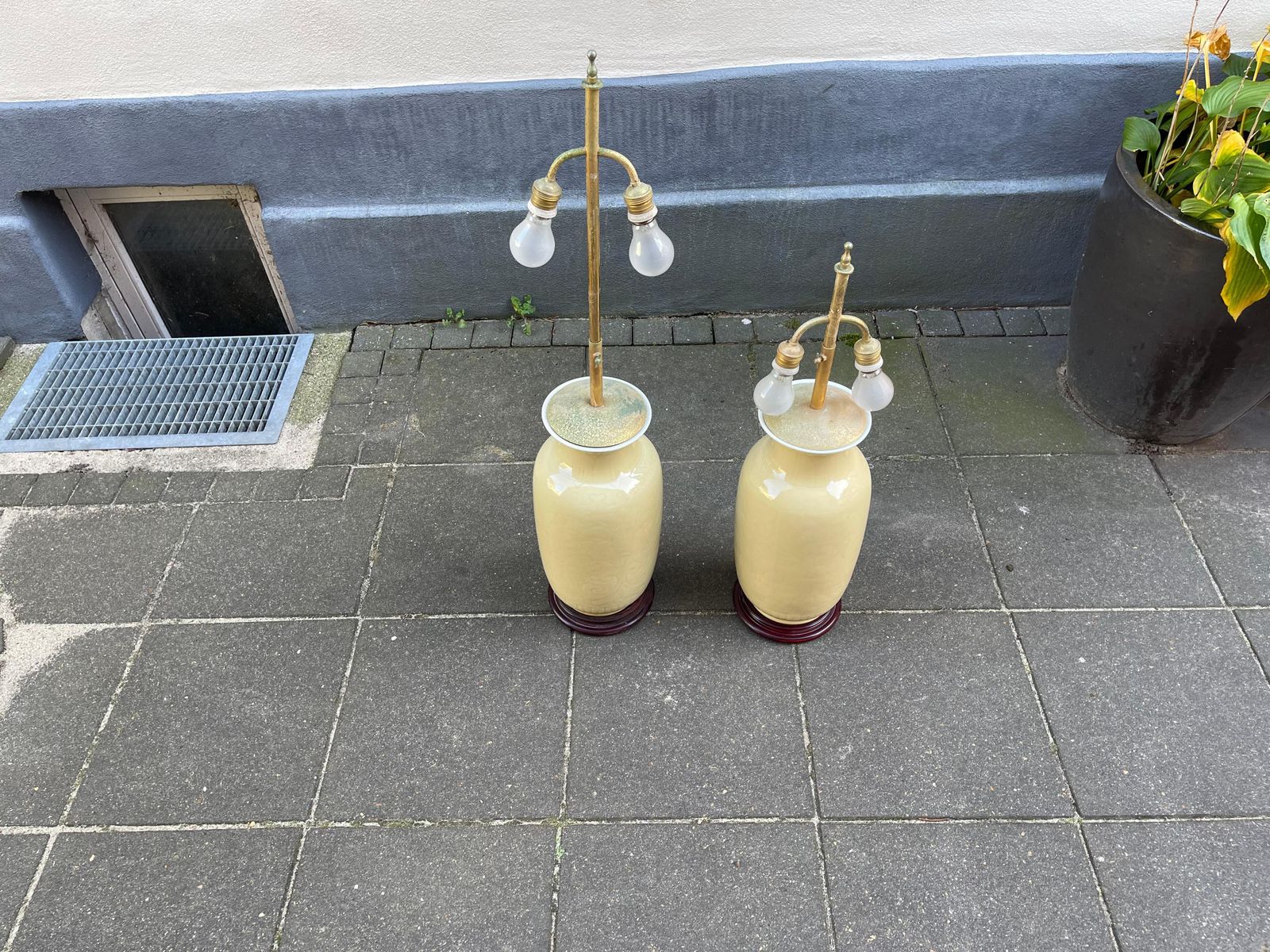 Chinese Pale Yellow Celadon Porcelain Table   Floor Lamps, Set Of 2 photo for sale