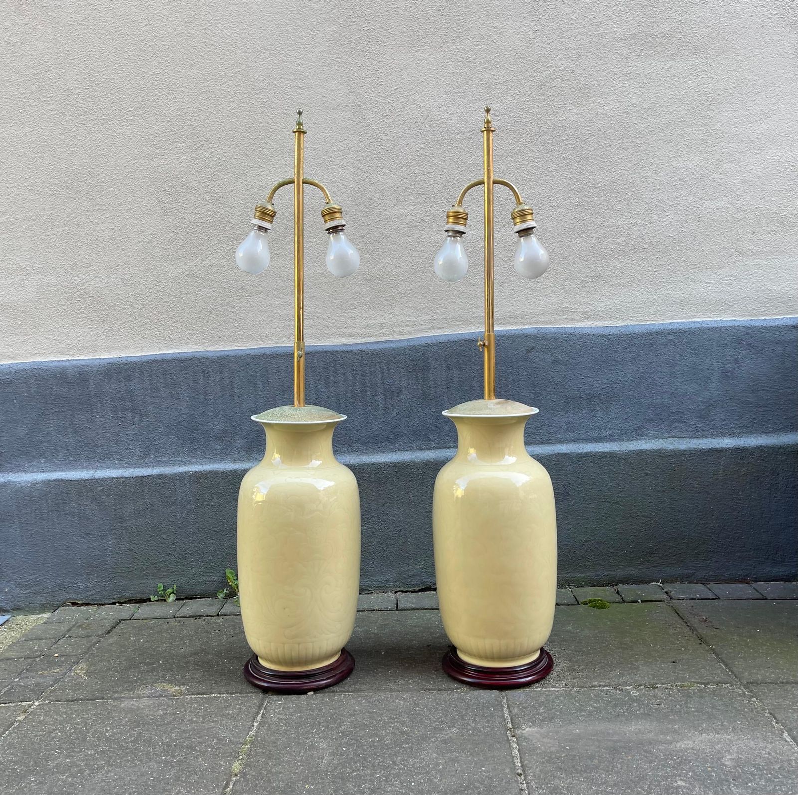 photo furniture Chinese Pale Yellow Celadon Porcelain Table   Floor Lamps, Set Of 2