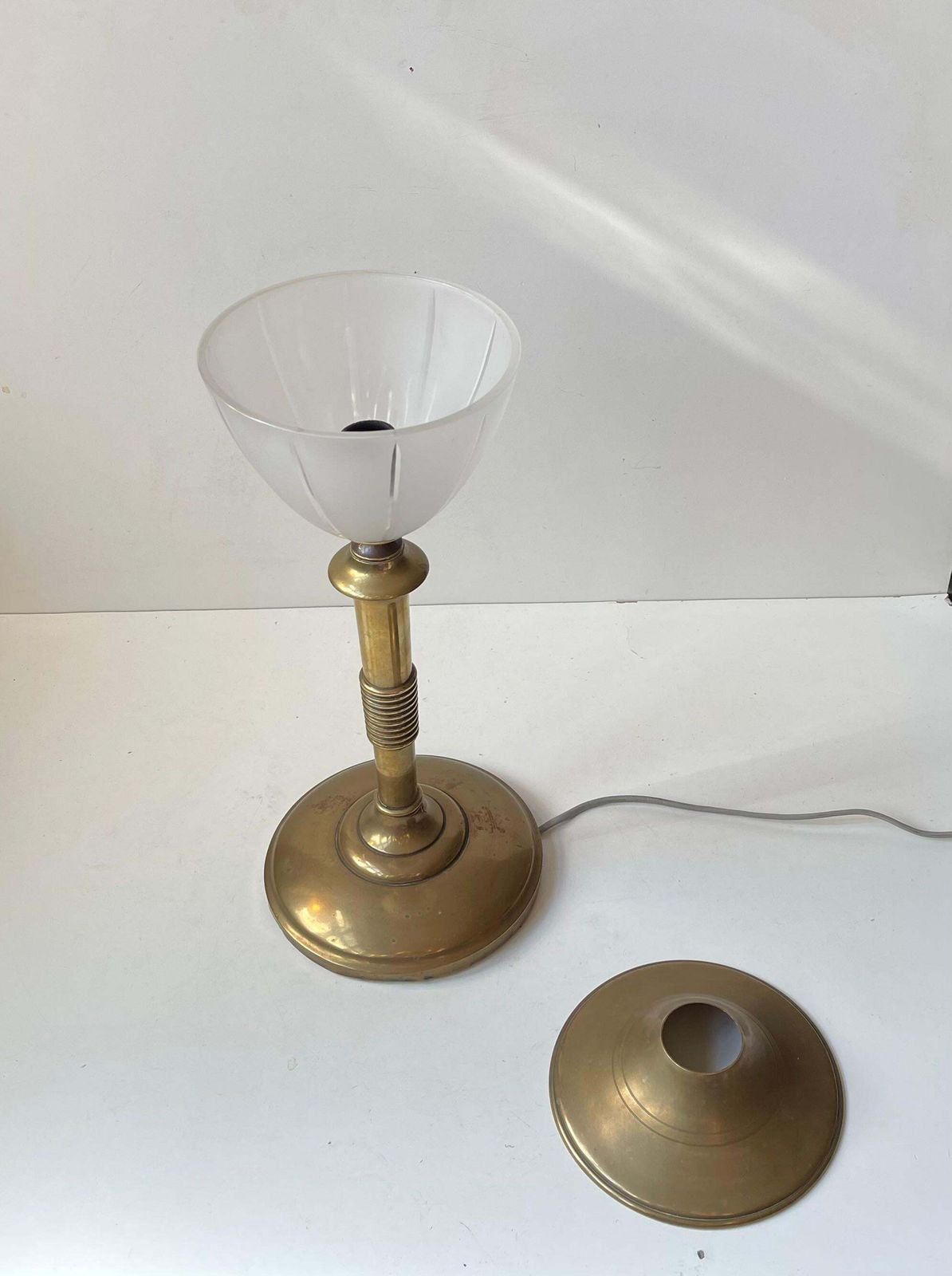 Lighting Scandinavian Art Deco Table Lamp In Bronze, Brass And Glass, 1940s photo