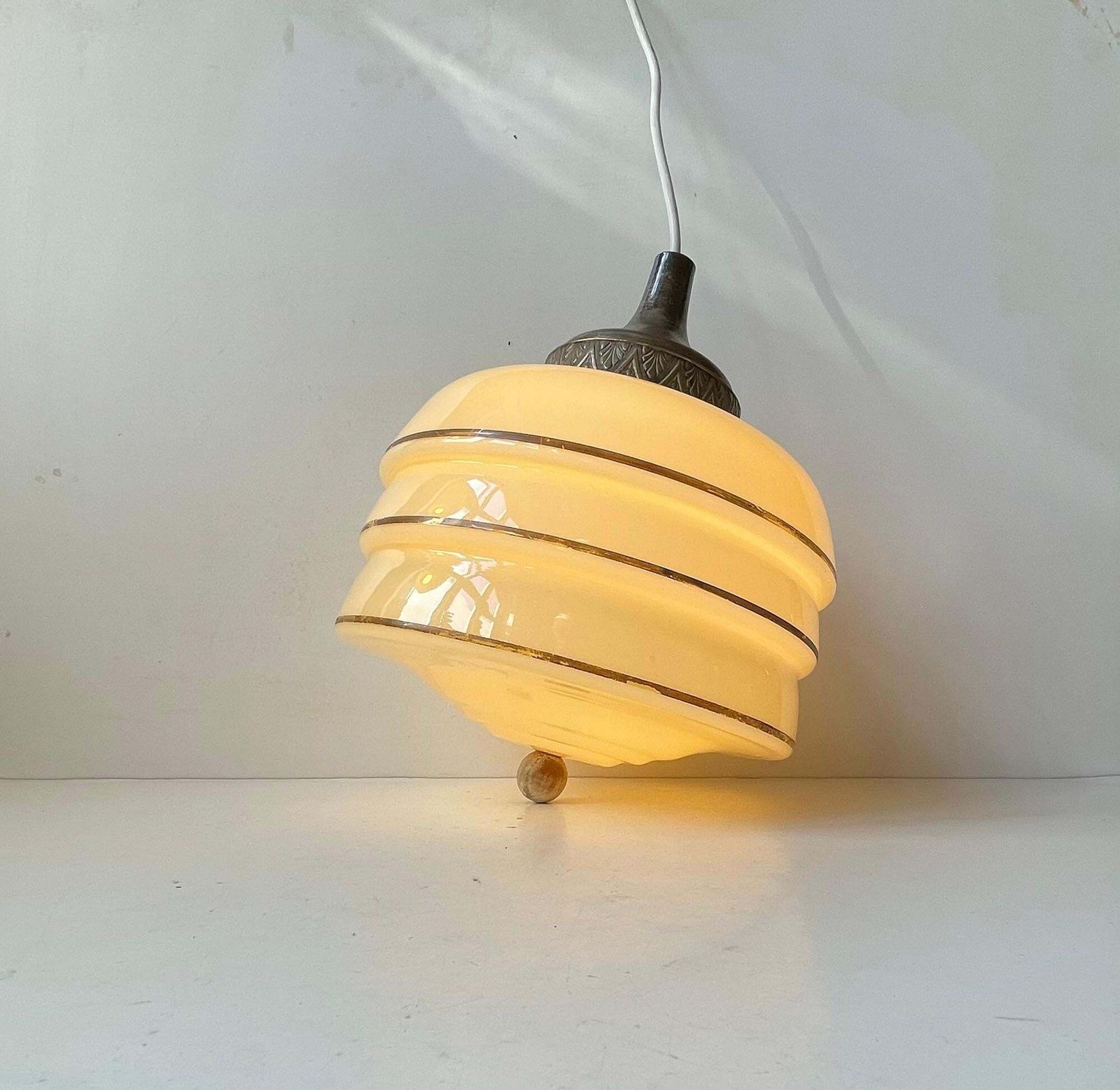 Scandinavian Art Deco 'Beehive' Pendant Lamp In Beige Opaline Glass & Brass photo buy