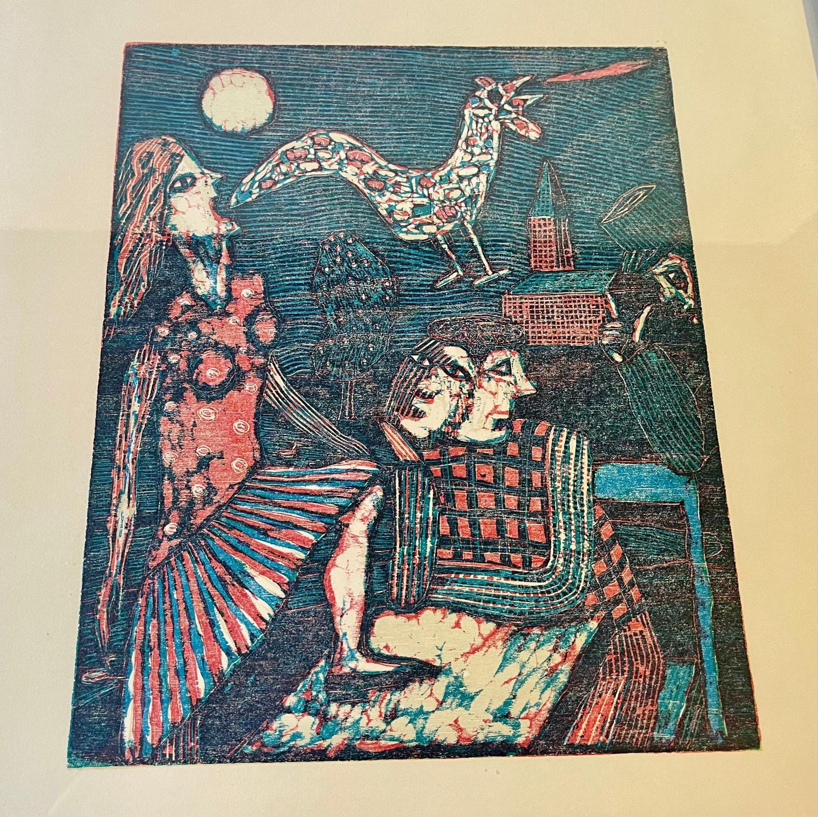 Seppo Mattinen Naive Dreamscape   Lithographic Woodcut In Colors, 1970s photo furniture