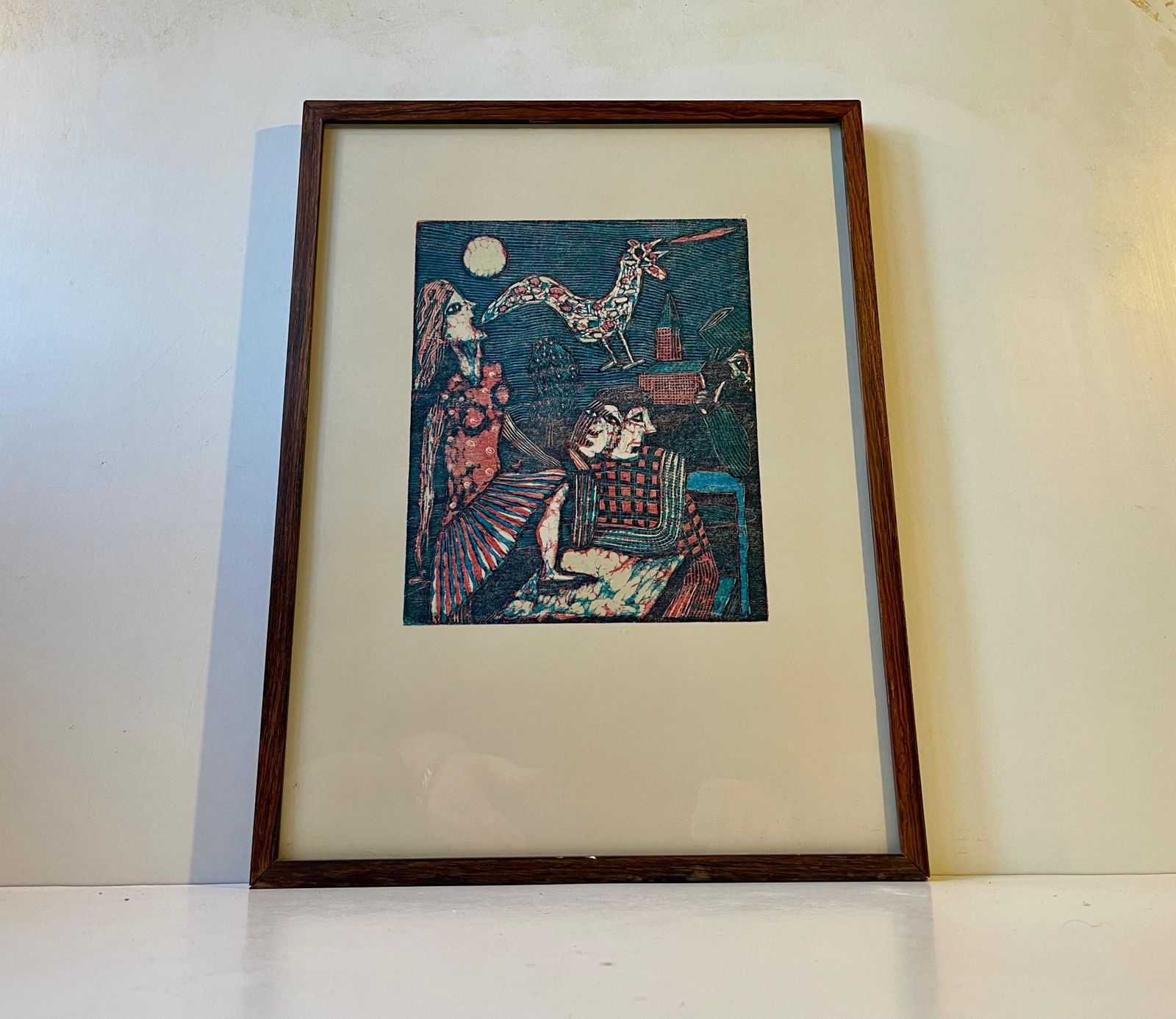 Seppo Mattinen Naive Dreamscape   Lithographic Woodcut In Colors, 1970s photo for sale