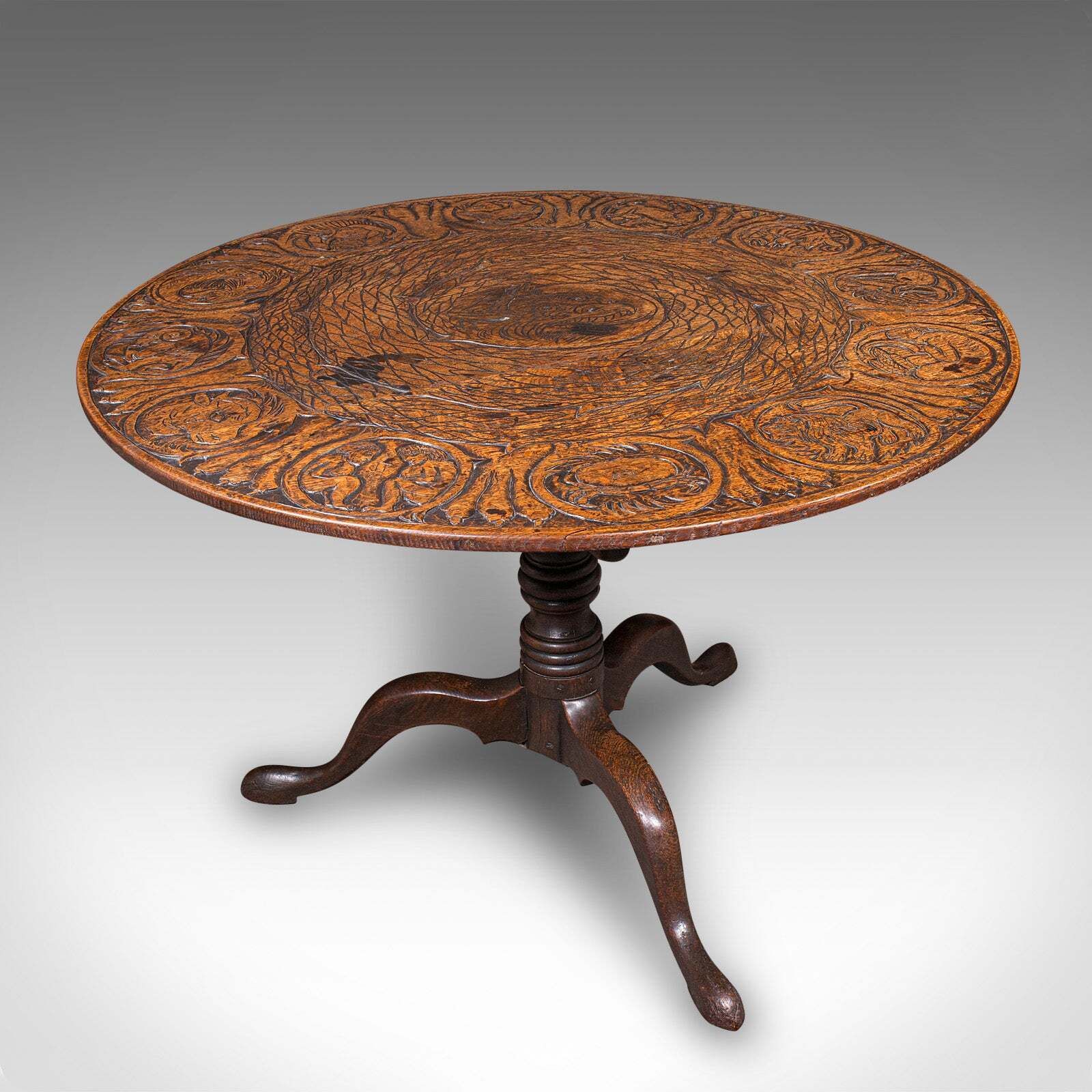 Antique Tarot Parlour Table, English, Oak, Zodiac Carving, Victorian, Circa 1870