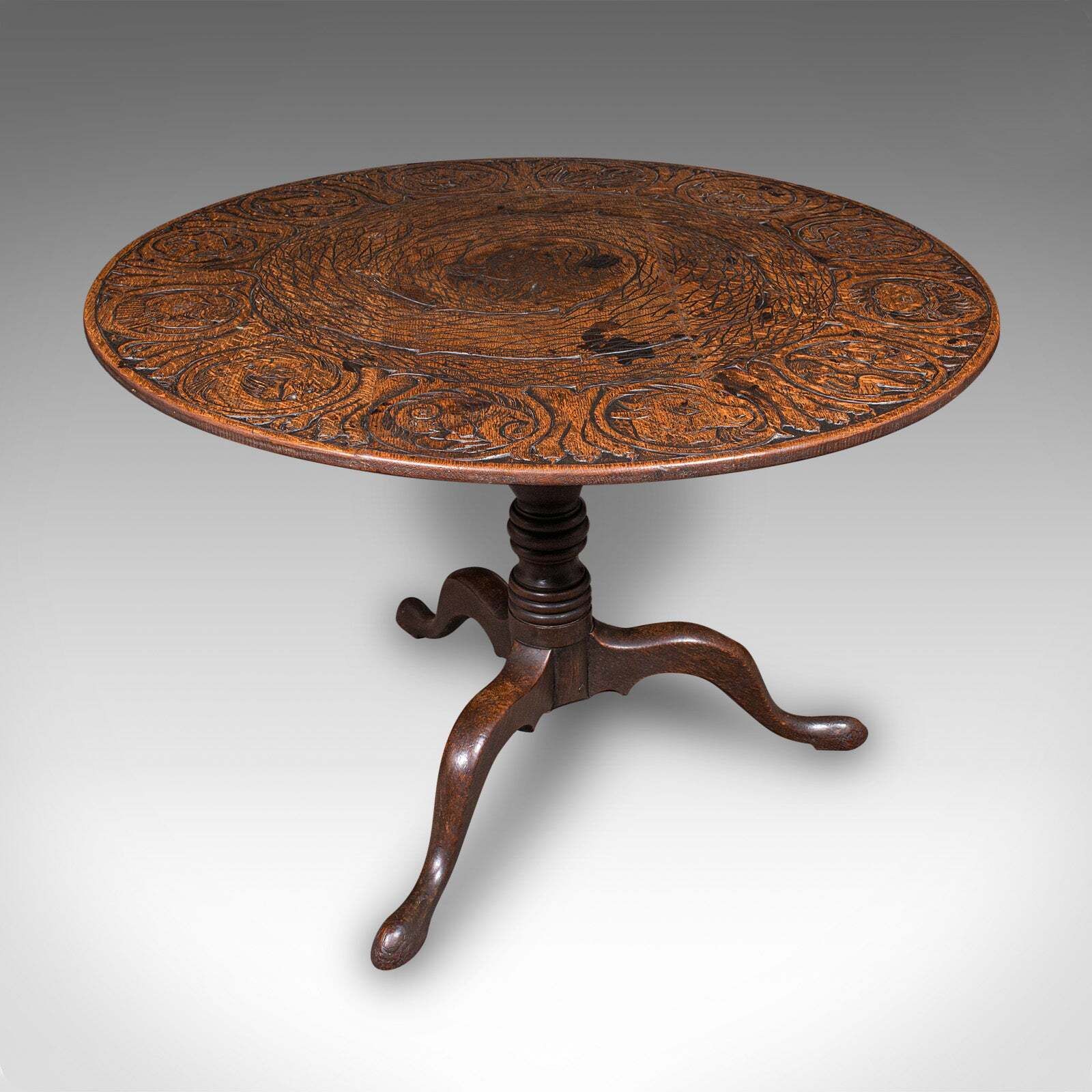 Antique Tarot Parlour Table, English, Oak, Zodiac Carving, Victorian, Circa 1870 photo for sale
