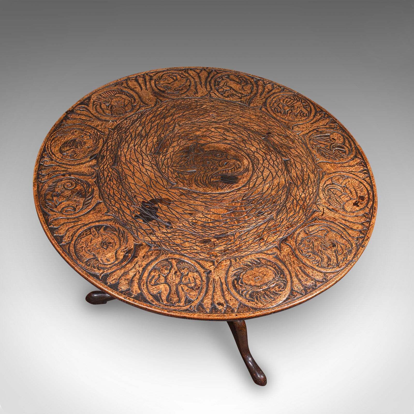 Antique Tarot Parlour Table, English, Oak, Zodiac Carving, Victorian, Circa 1870 photo vinterior