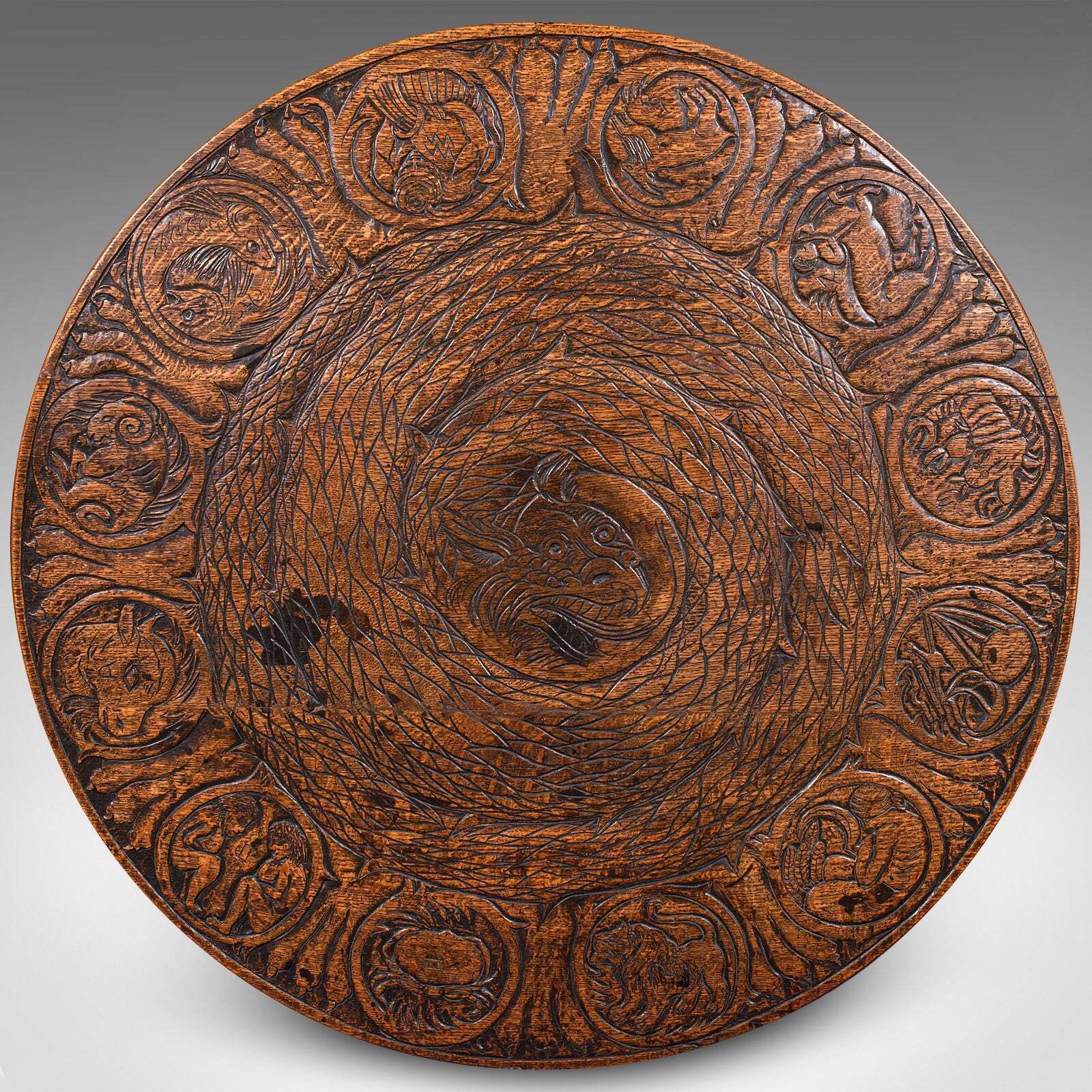 Antique Tarot Parlour Table, English, Oak, Zodiac Carving, Victorian, Circa 1870 photo buy