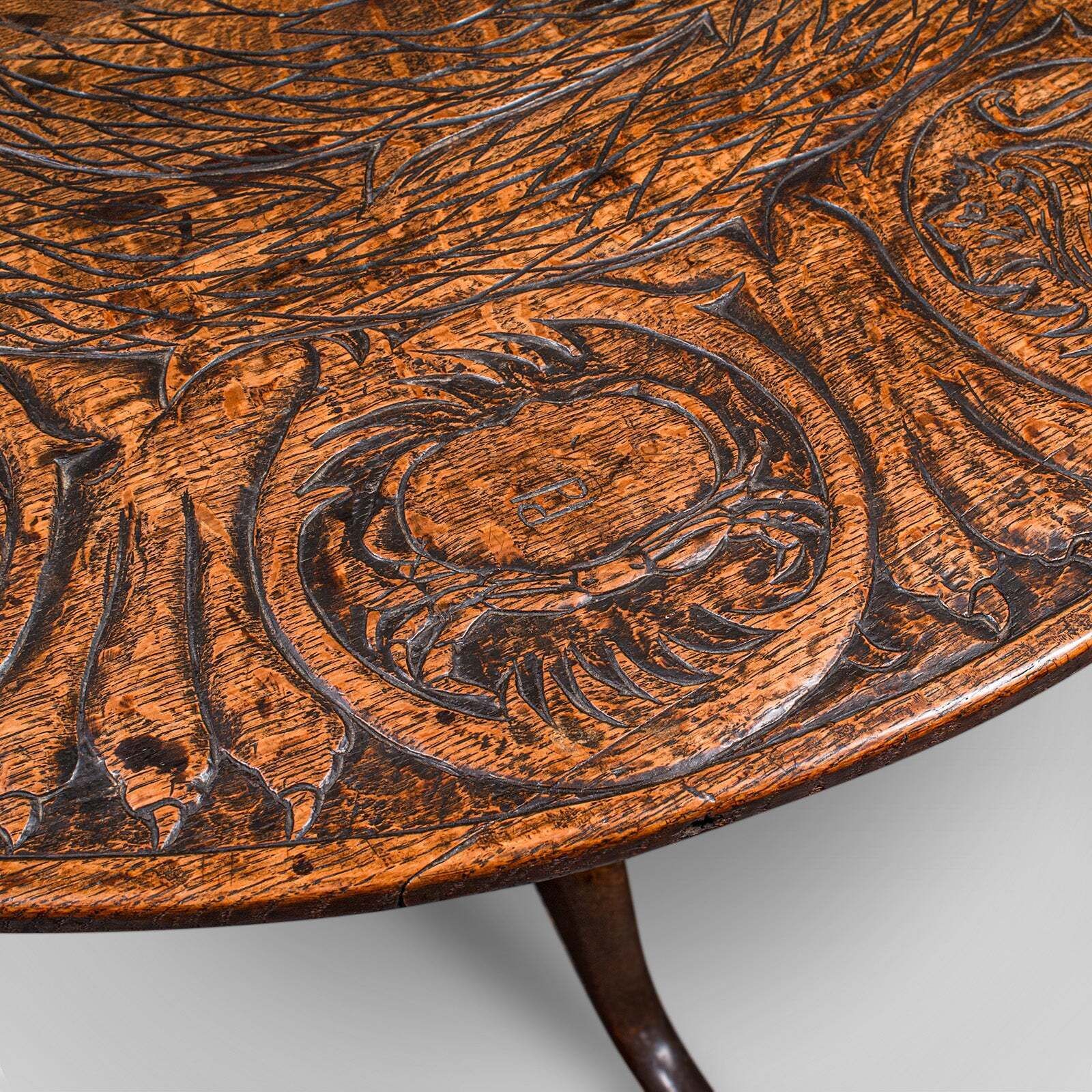 Furniture Antique Tarot Parlour Table, English, Oak, Zodiac Carving, Victorian, Circa 1870 photo