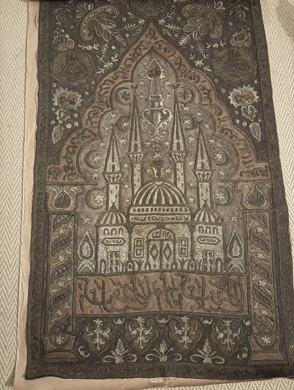 19th Century Ottoman Silk & Metal Thread Wall Hang In Silver Copper & Gold
