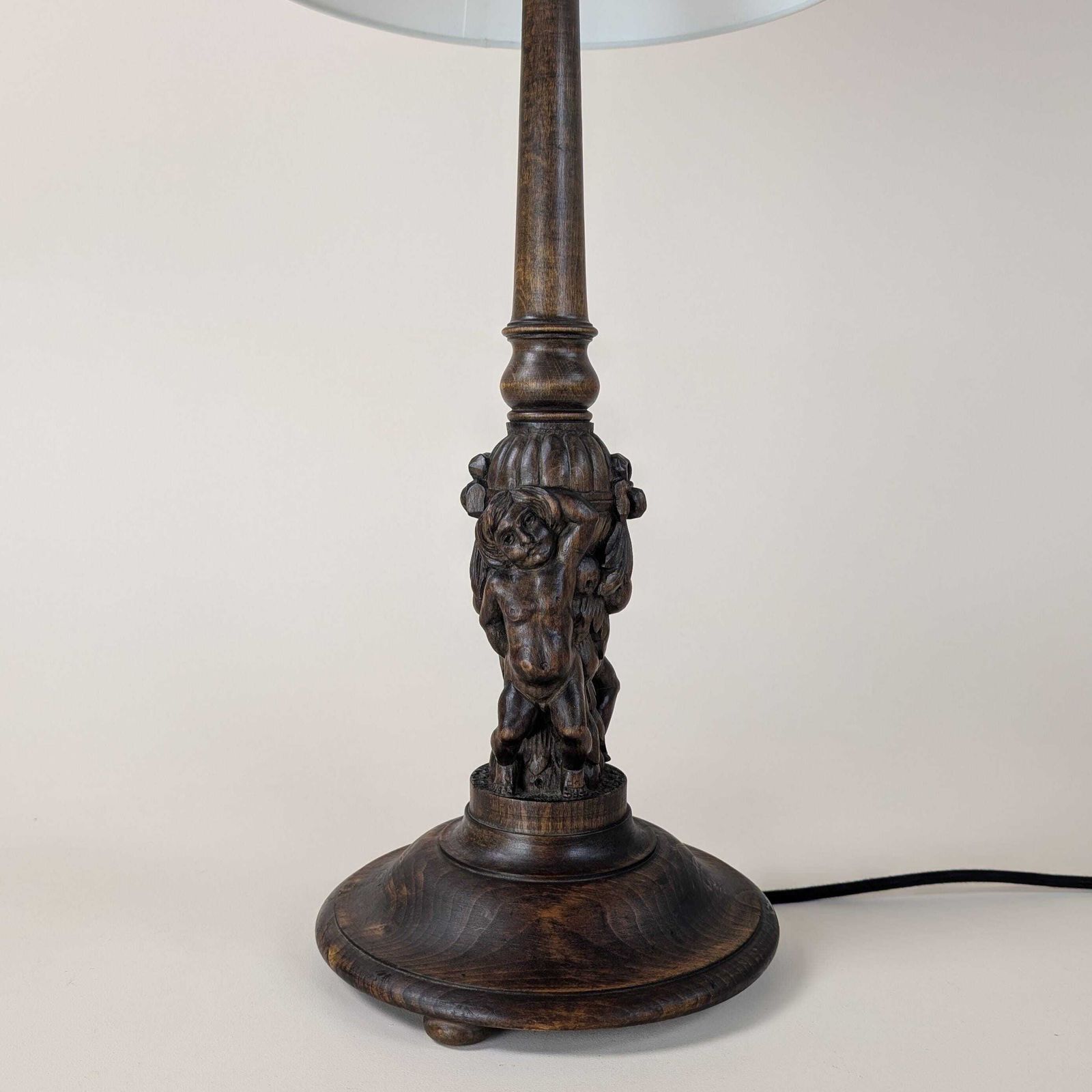 250.0 Vintage Hand Carved Wood Putti Table Lamp, Dark Finish Italian Style Cherub Figural Desk Light, Original Home Lighting, Bedroom Light Decor photo