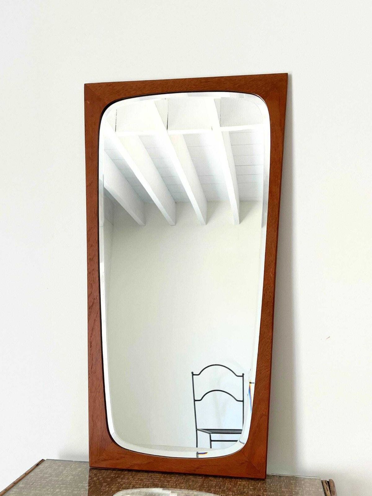 20th Century Shield Wall Mirror With Scandinavian Wooden Frame, Made In Denmark C.1960