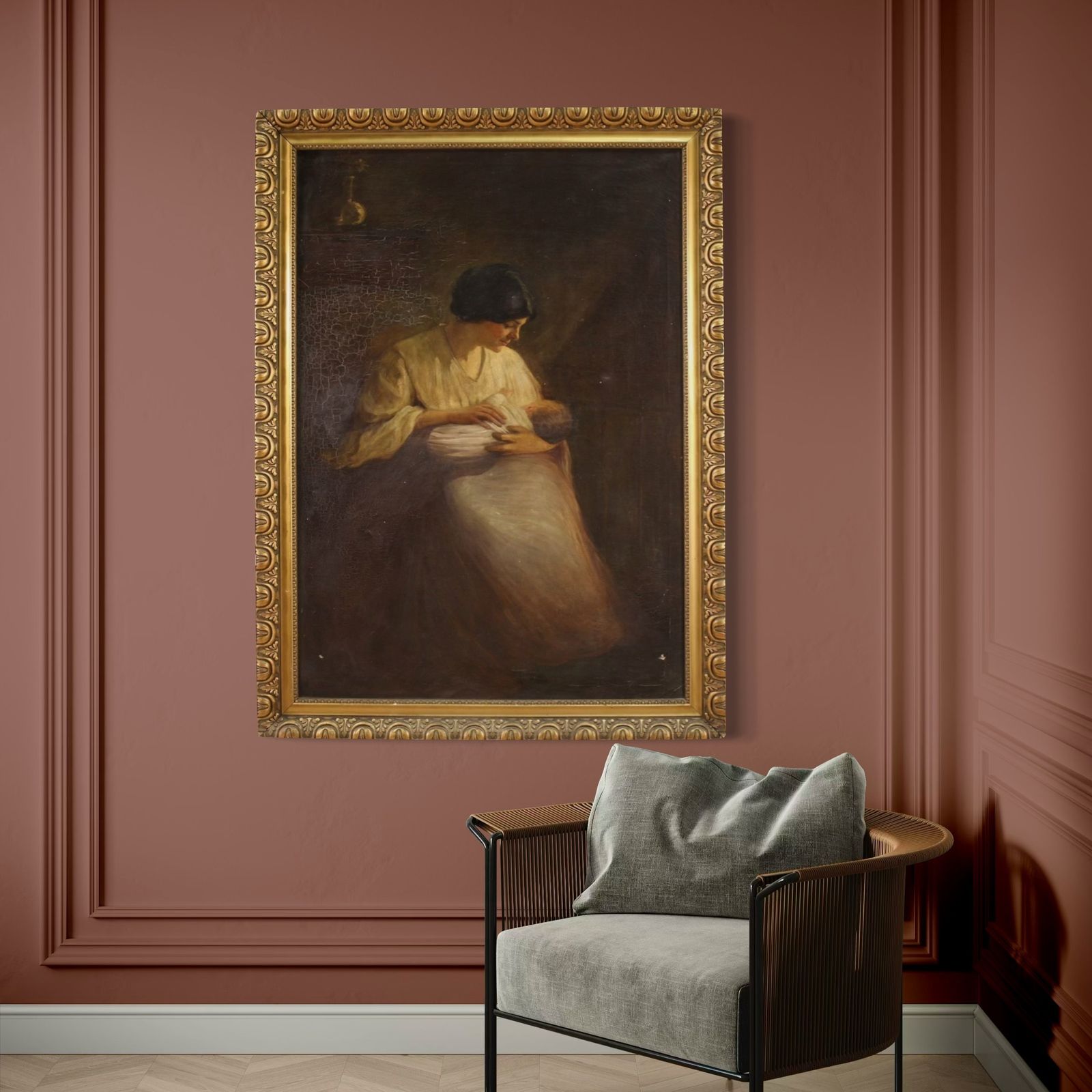 Spanish Painting Of An Interior Scene From The 20th Century photo vintage