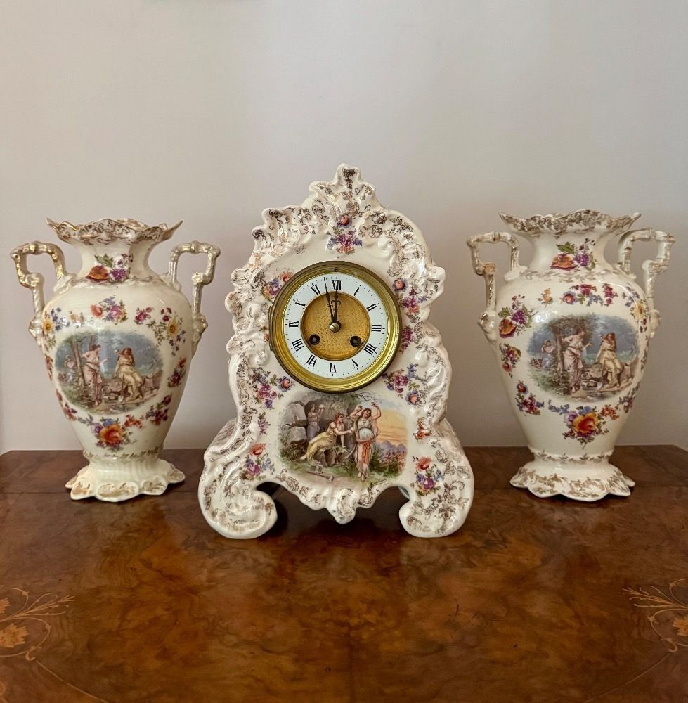 Lovely Quality Antique Late 19th Century Porcelain Mantle Clock Garniture Set photo furniture