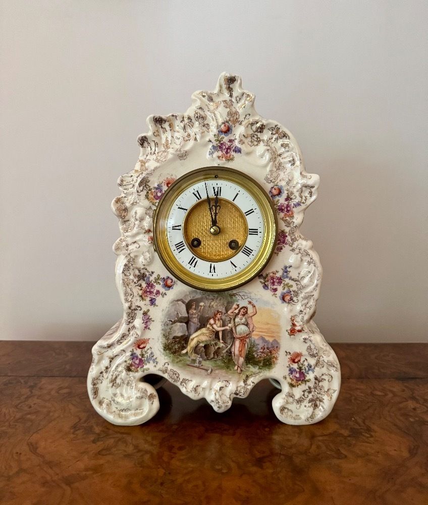 Lovely Quality Antique Late 19th Century Porcelain Mantle Clock Garniture Set photo Home Decor