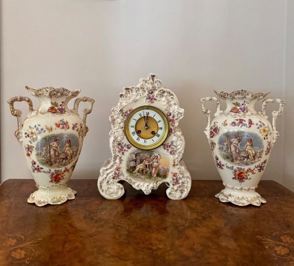 Lovely Quality Antique Late 19th Century Porcelain Mantle Clock Garniture Set