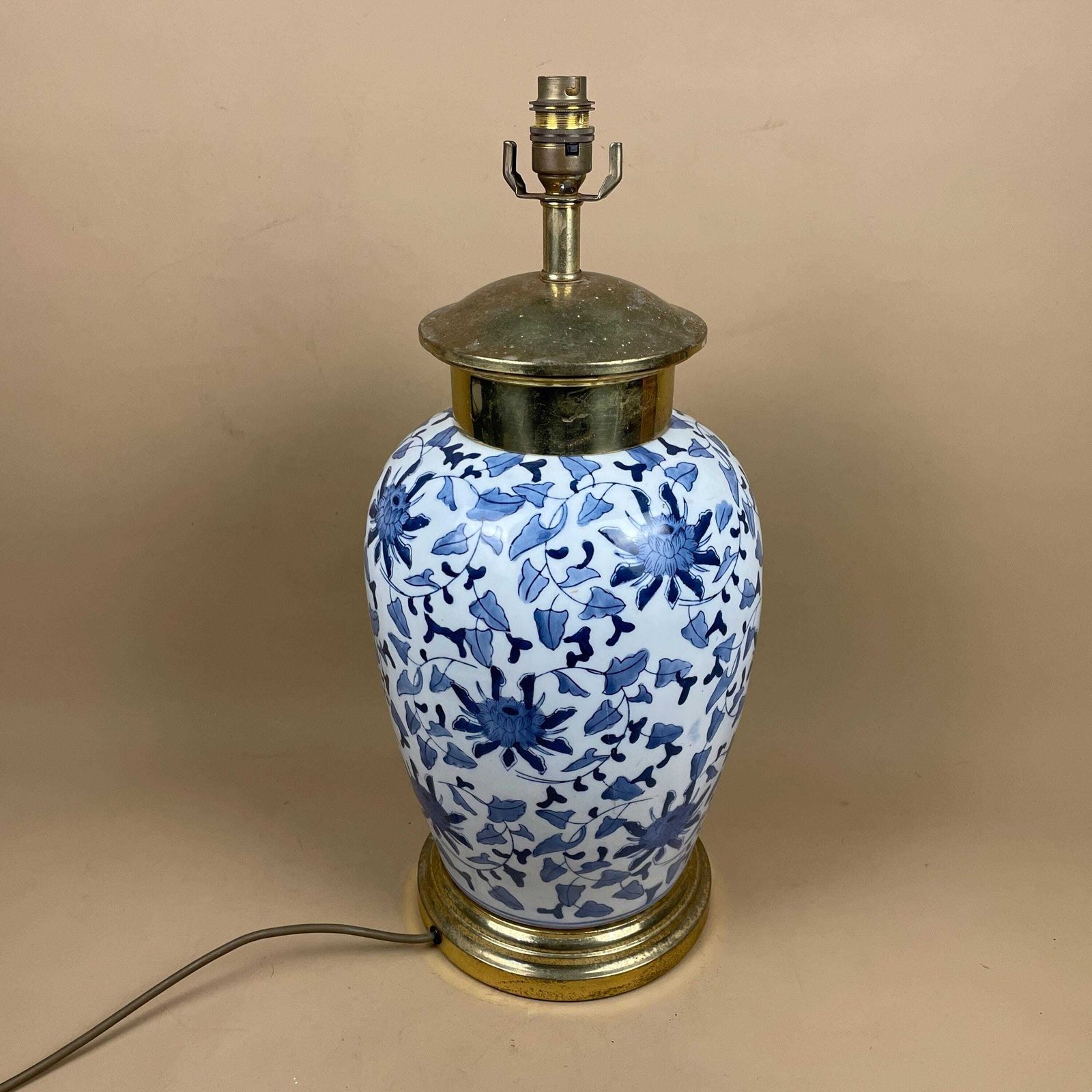 photo for sale Oriental Ceramic Lamp Blue White Ginger Jar Hand Painted Floral Brass Mount Fittings Vintage Porcelain Table Lamp Classic Chinoiserie Decor