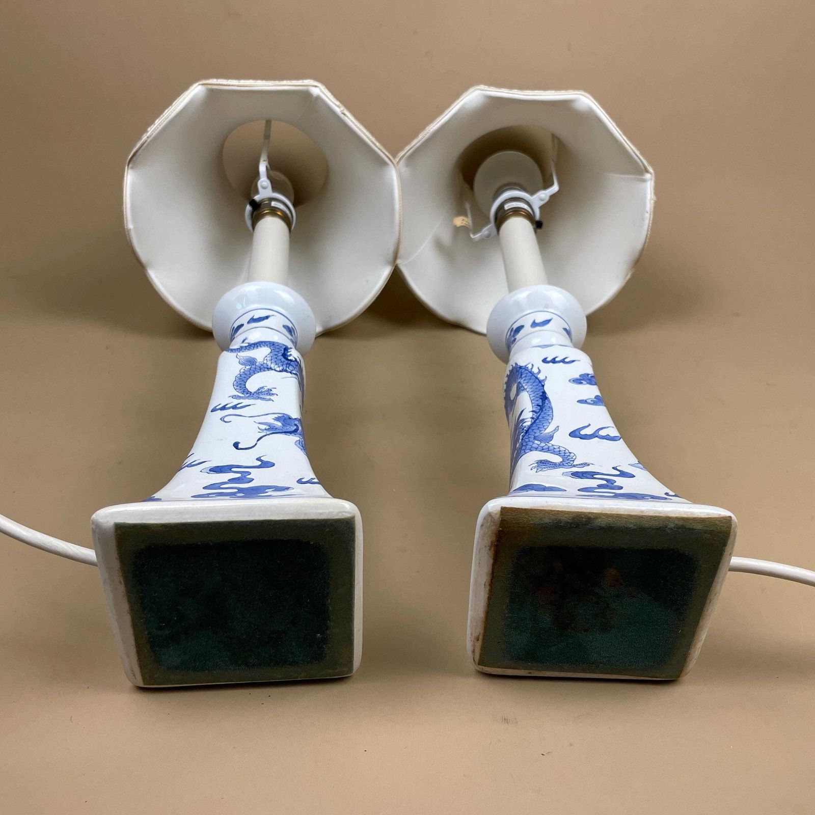 photo buy Pair Oriental Ceramic Candlestick Lamps With Shades Blue White Dragon Design Vintage Chinoiserie Porcelain Bedside Table Lighting Chinese