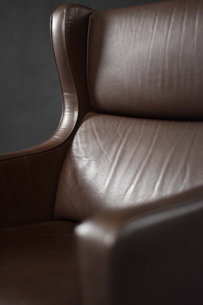 Mid Century Danish Modern Brown Leather Wing Chair, 1960s photo furniture