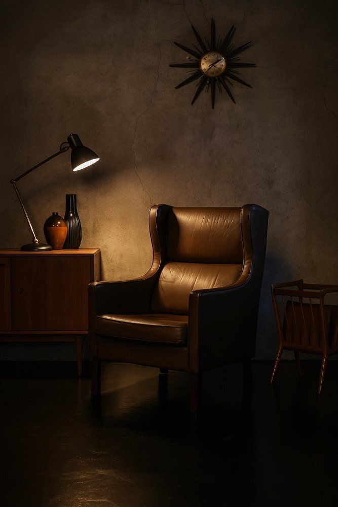 Mid Century Danish Modern Brown Leather Wing Chair, 1960s photo buy