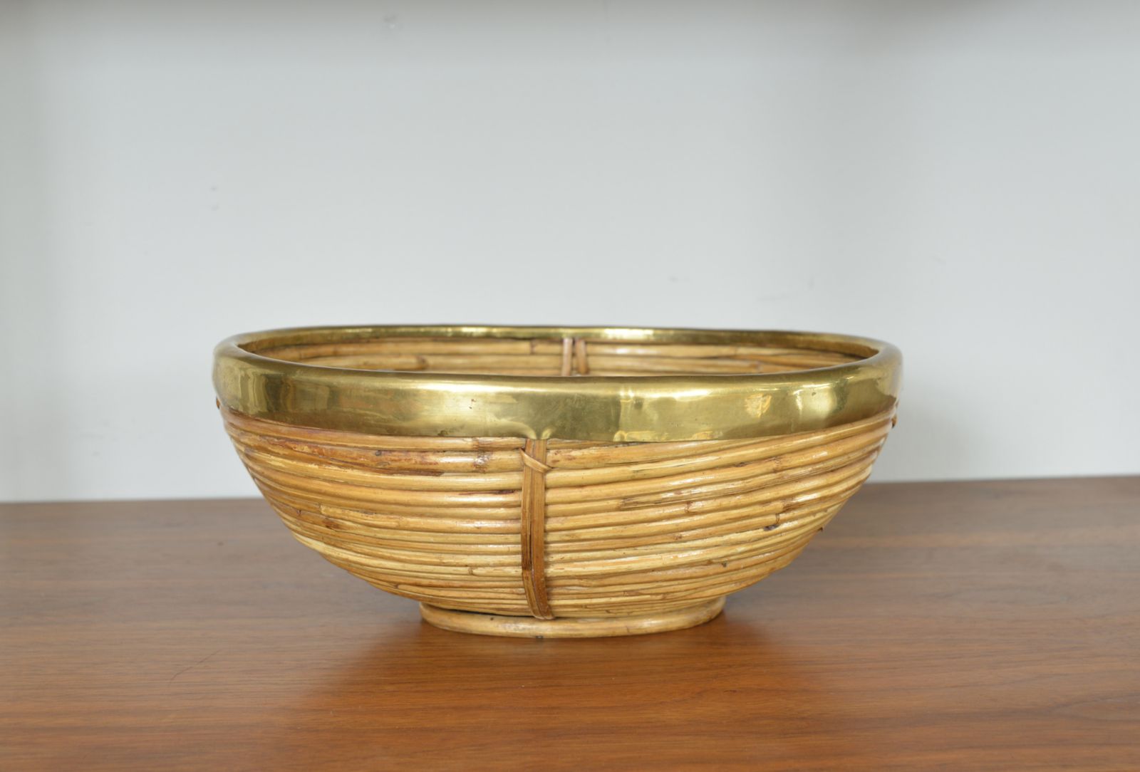 Rattan Cane Brass Basket Centrepiece By Vivai Del Sud Gabriella Crespi Style Italy 1970s