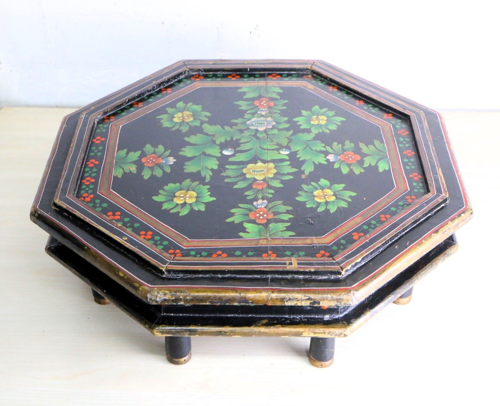 Antique Indian Wooden Bajot Table Chowki Table Early 20th Century Handpainted
