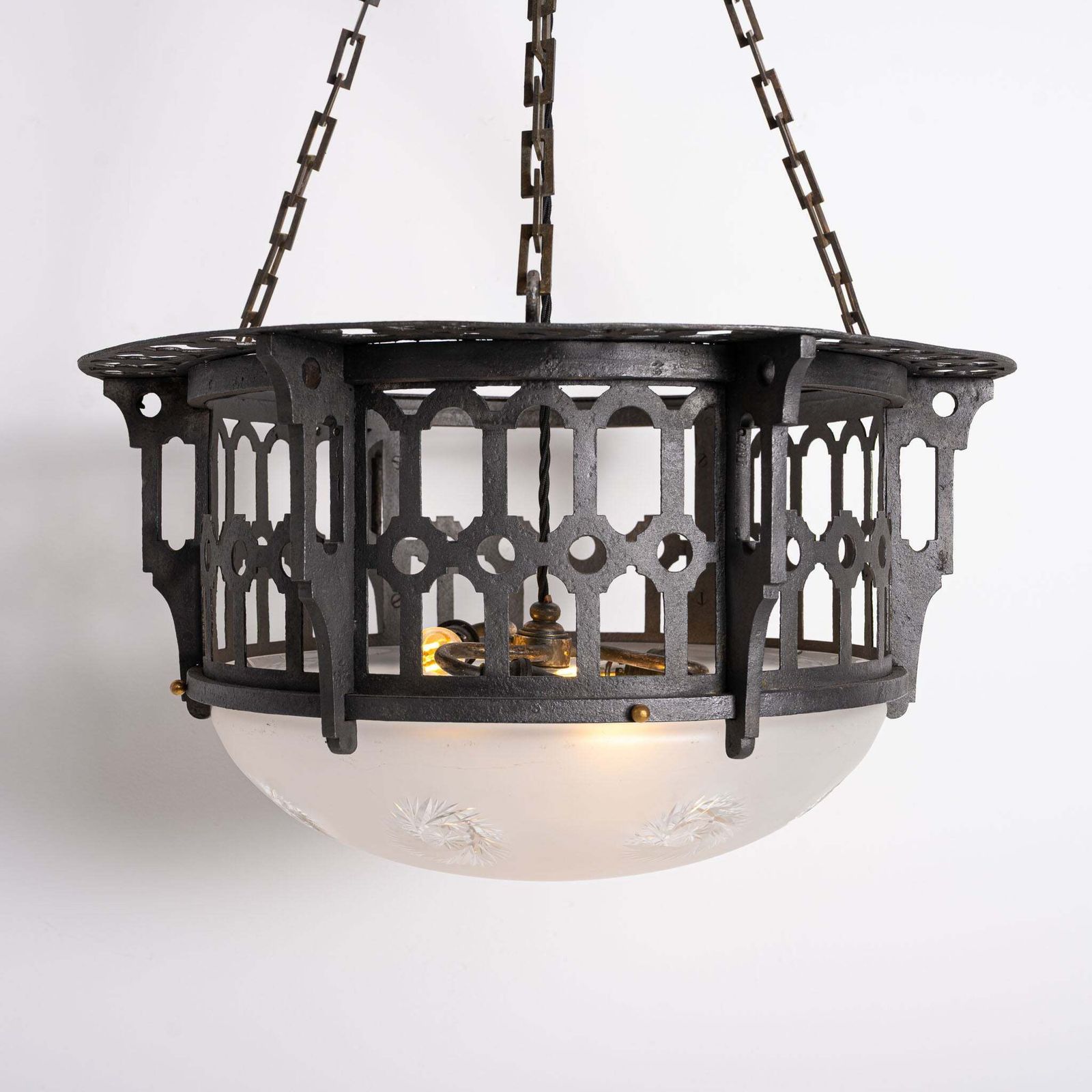 photo for sale Large Scale Wrought Iron & Cast Brass Plafonnier With Rare Jefferson Satin & Cut Crystal Bowl