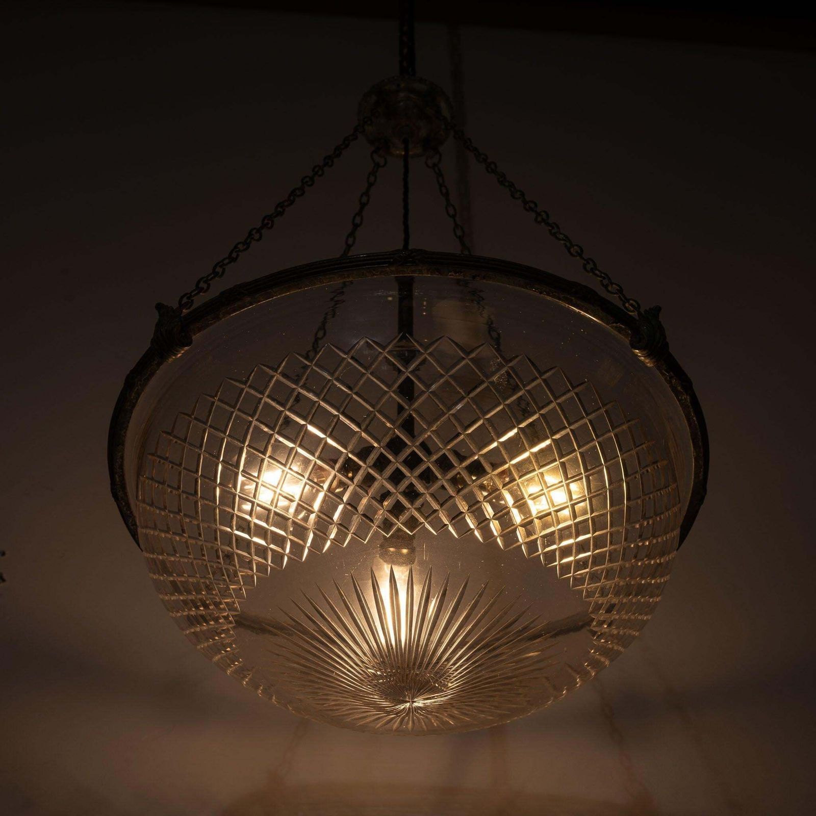 photo for sale Large English Crystal Cut Glass Plafonnier With Quality Cast Fittings With Natural Verdigris Patina