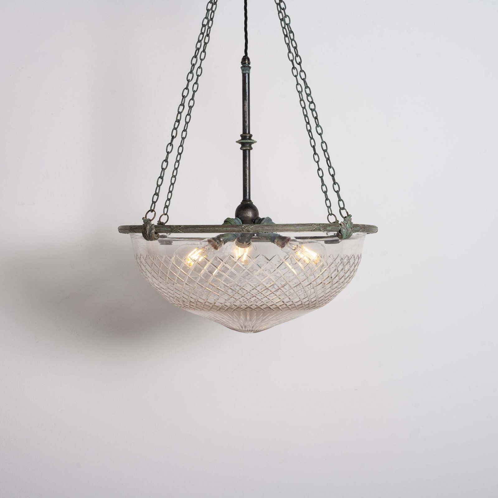 photo vintage Large English Crystal Cut Glass Plafonnier With Quality Cast Fittings With Natural Verdigris Patina