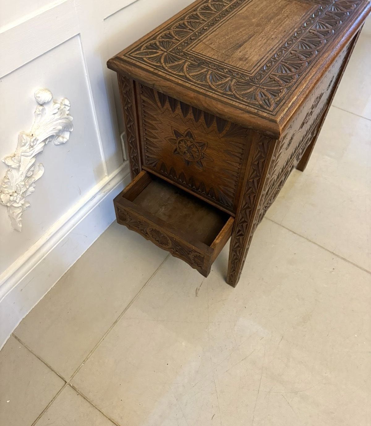 995.0 Antique Quality Hand Carved Oak Marriage /Dowry Chest photo