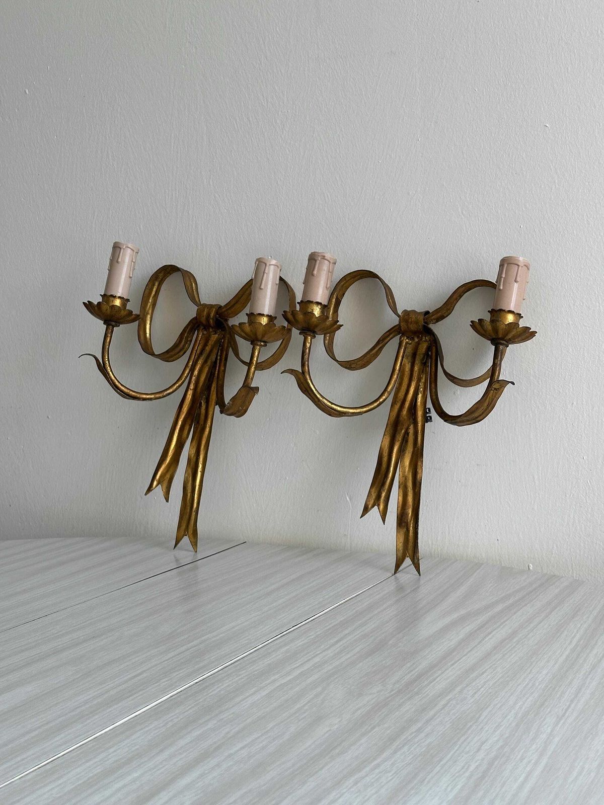 Pair Of Antique Handmade Gilded Metal Wall Lights, Elegant And Rare Wall Decoration, Refined Bedroom Wall Lights, Magnificent Vintage Object