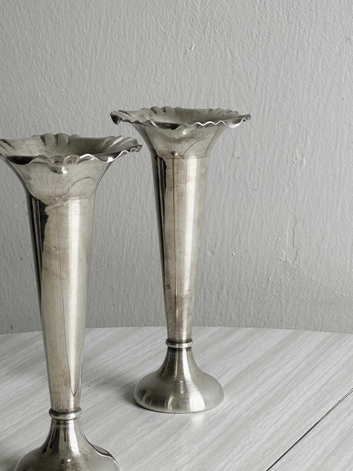 Duo Of Shiny Silver Metal Vases, Chic Tableware For Weddings, Refined Buffet Or Elegant Centerpiece photo furniture