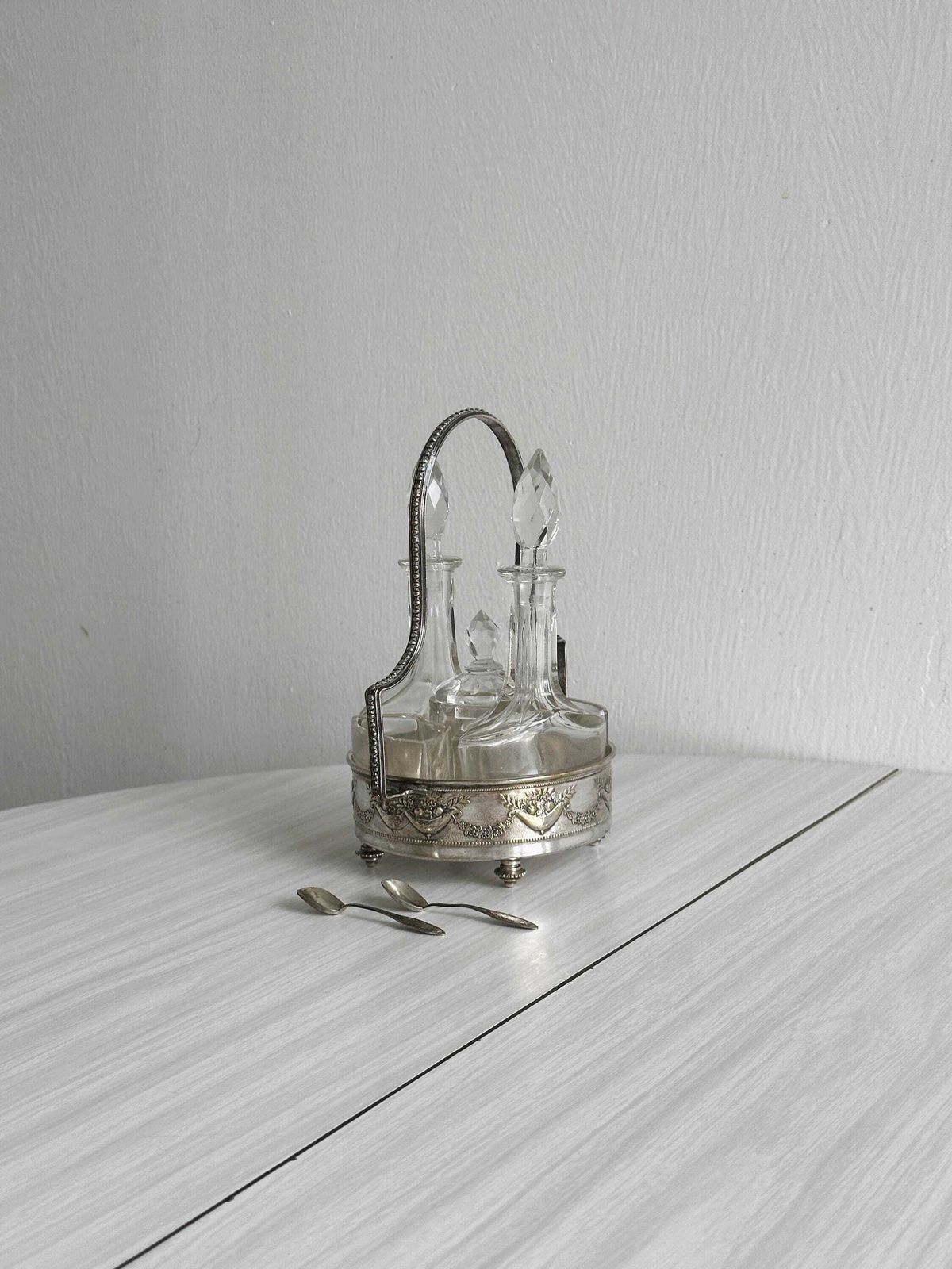 Antique Oil And Vinegar Cruet With Mustard Pot And Spice Compartments, Cut Crystal And Silver Plated Metal, Table Service, French Table