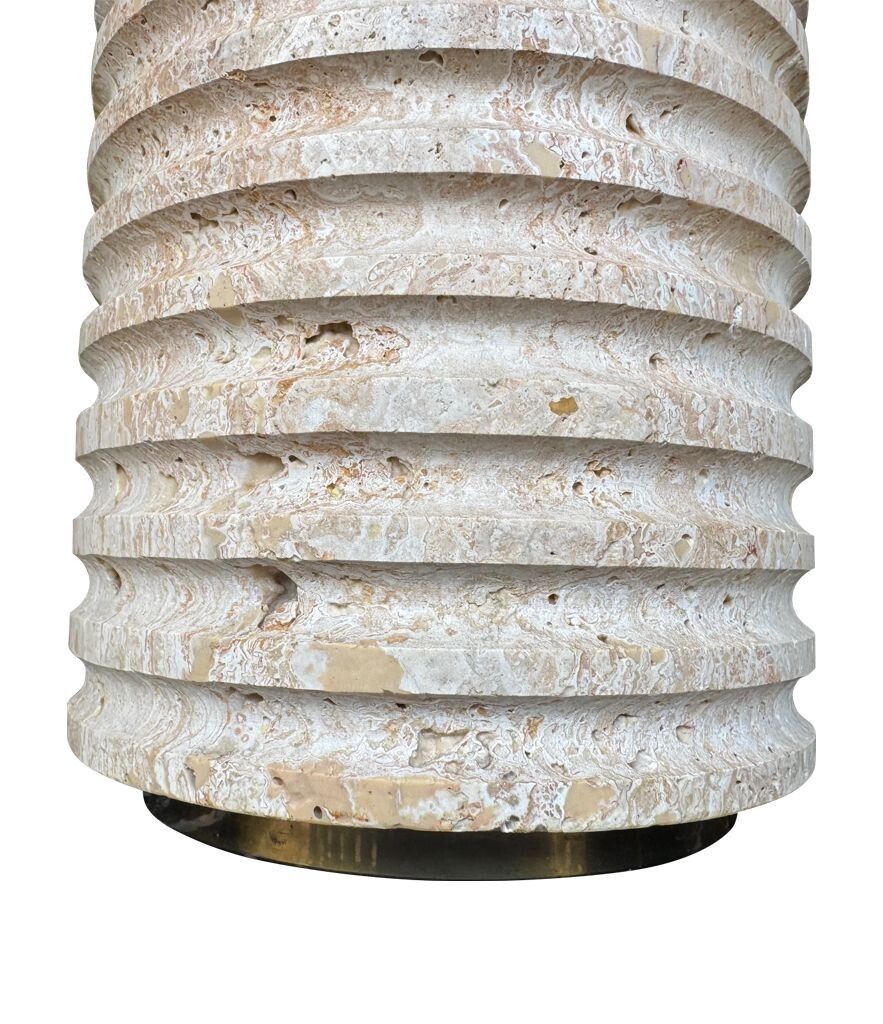 photo for sale A Large Fratelli Manneli Ribbed Italian 1970s Travertine Lamp With Brass Detail