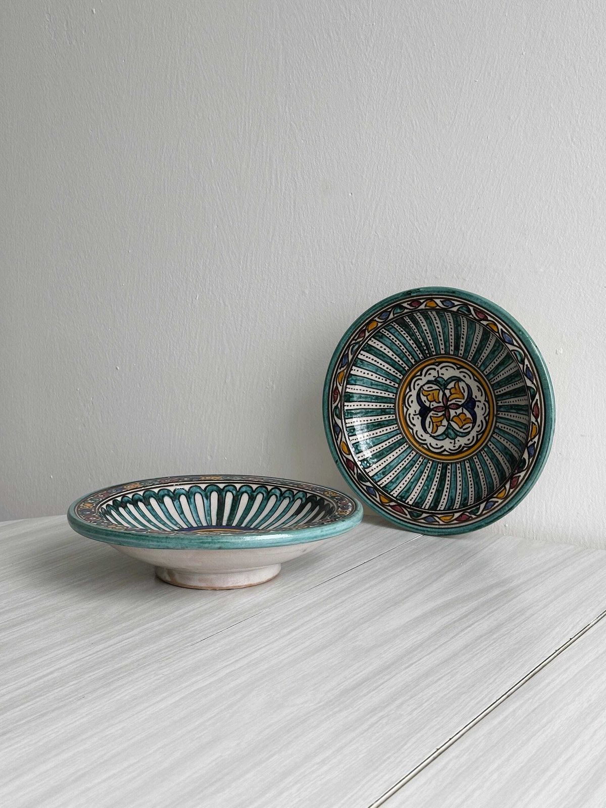 2 Antique Handmade Ceramic Dishes, Hand Painted, Wall Plate, Boho Decor, Colorful Earthenware, Ethnic Style, Gift