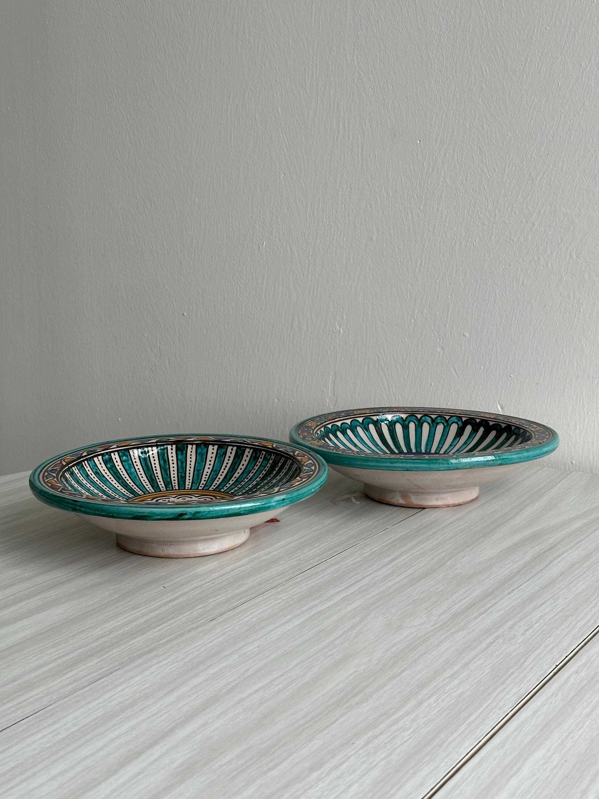 2 Antique Handmade Ceramic Dishes, Hand Painted, Wall Plate, Boho Decor, Colorful Earthenware, Ethnic Style, Gift photo Art