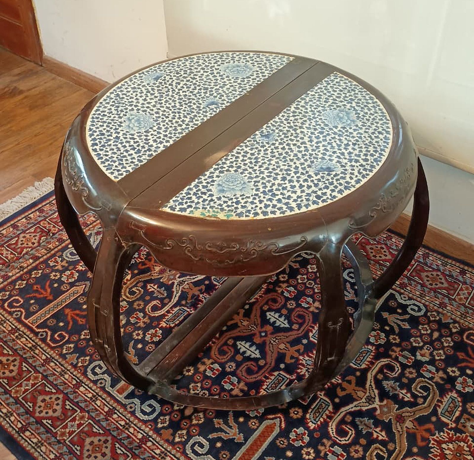 Pair Of Late 19th Century Qing Wooden Circular Demilune Center Tables With Porcelain Inlaid On The Surface, China