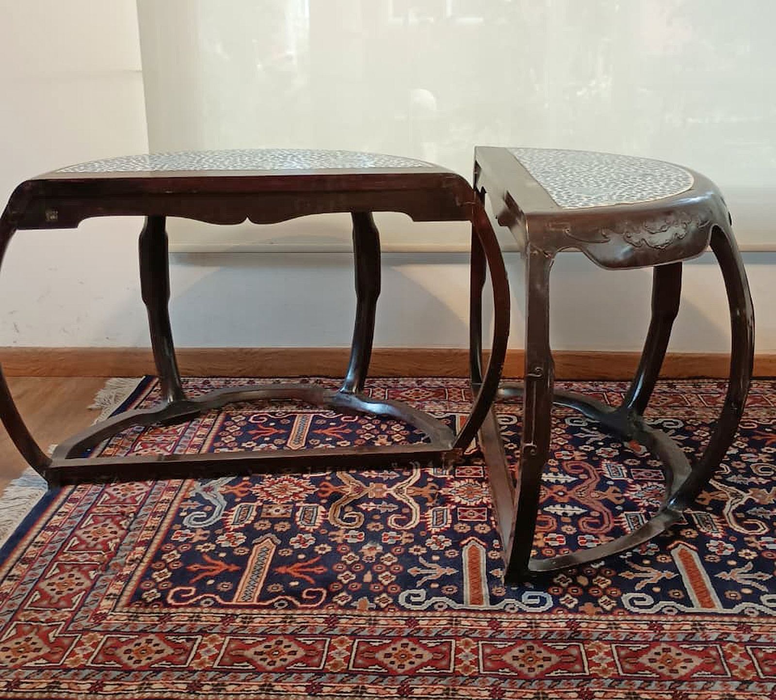 Furniture Pair Of Late 19th Century Qing Wooden Circular Demilune Center Tables With Porcelain Inlaid On The Surface, China photo