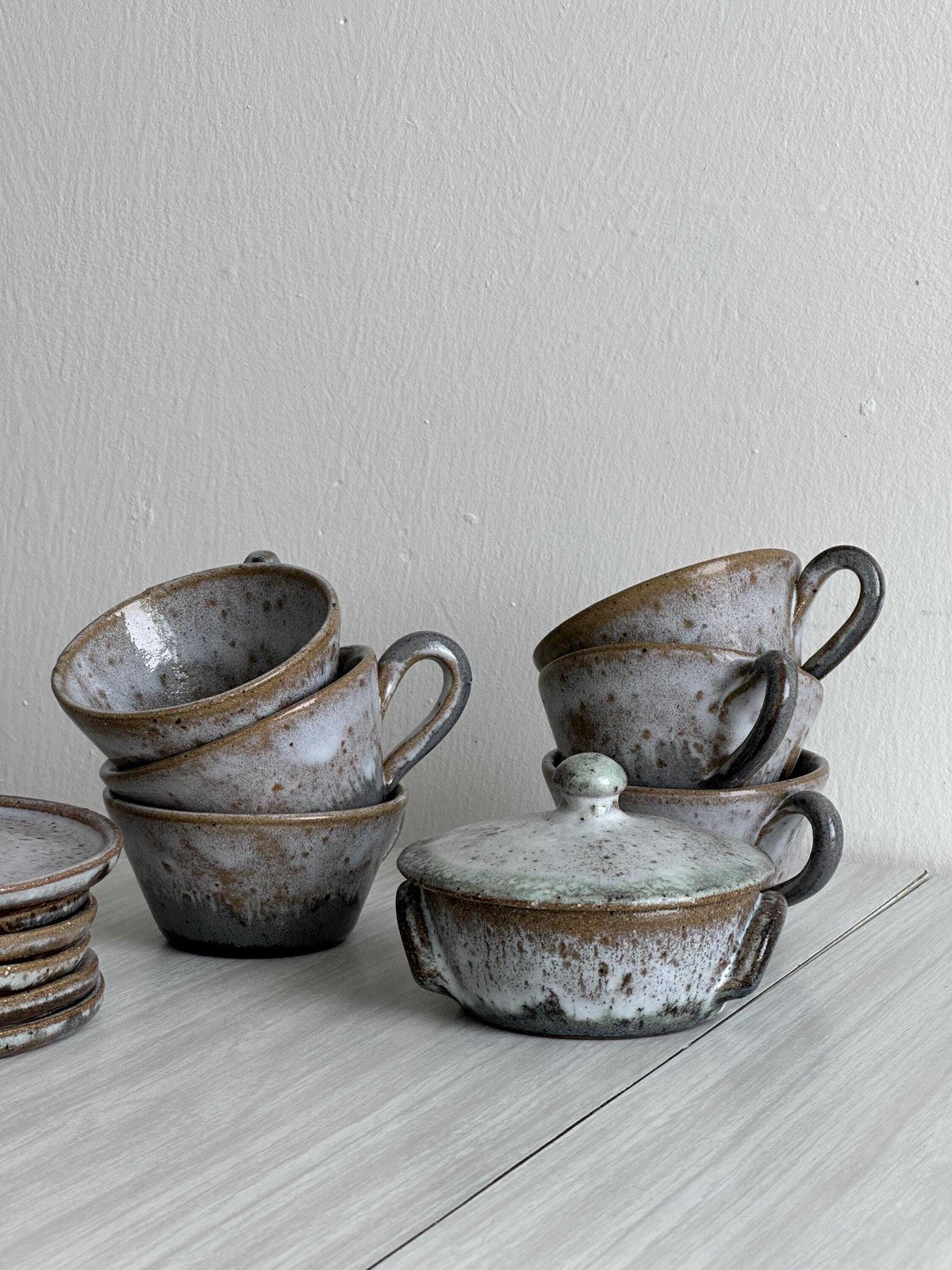 Handcrafted Stoneware Coffee Set, 6 Cups, Saucers And Sugar Bowl, Natural Tones, Ideal For Country Decor, Unique Gift, French Craftsmanship photo furniture
