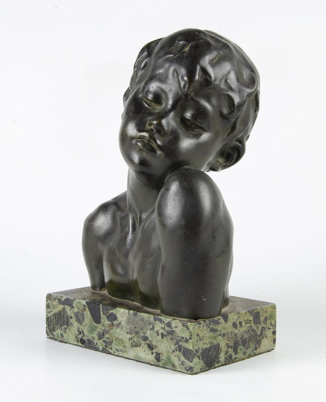 1920s Art Déco Patinated Bronze Bust Of A Young Man With Marble Base By Italian Sculptor Amadeo Gennarelli, France
