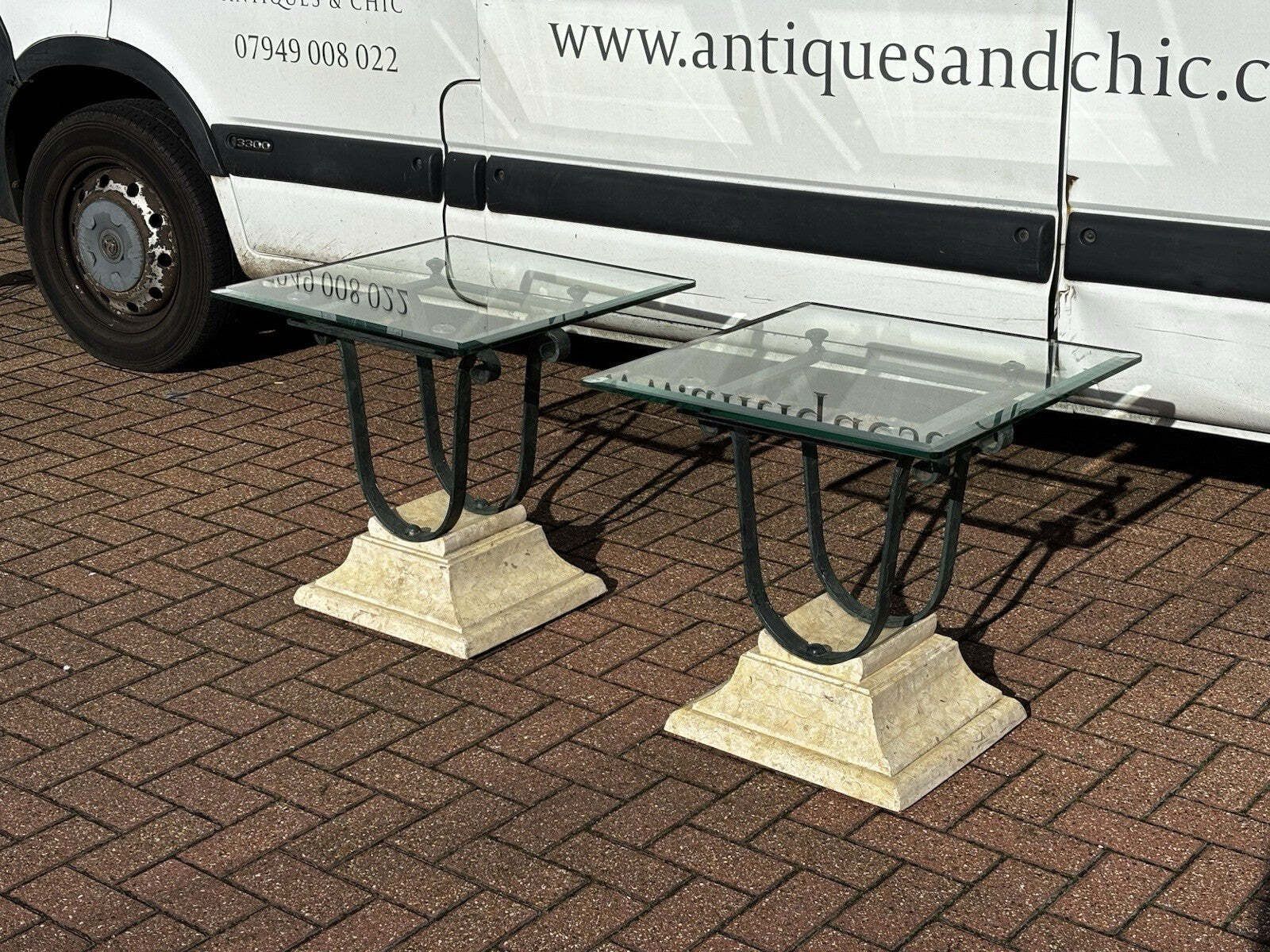 Mid Century Cast Iron & Faux Stone Glass Top Lamp Table With Matching Lamps. photo furniture