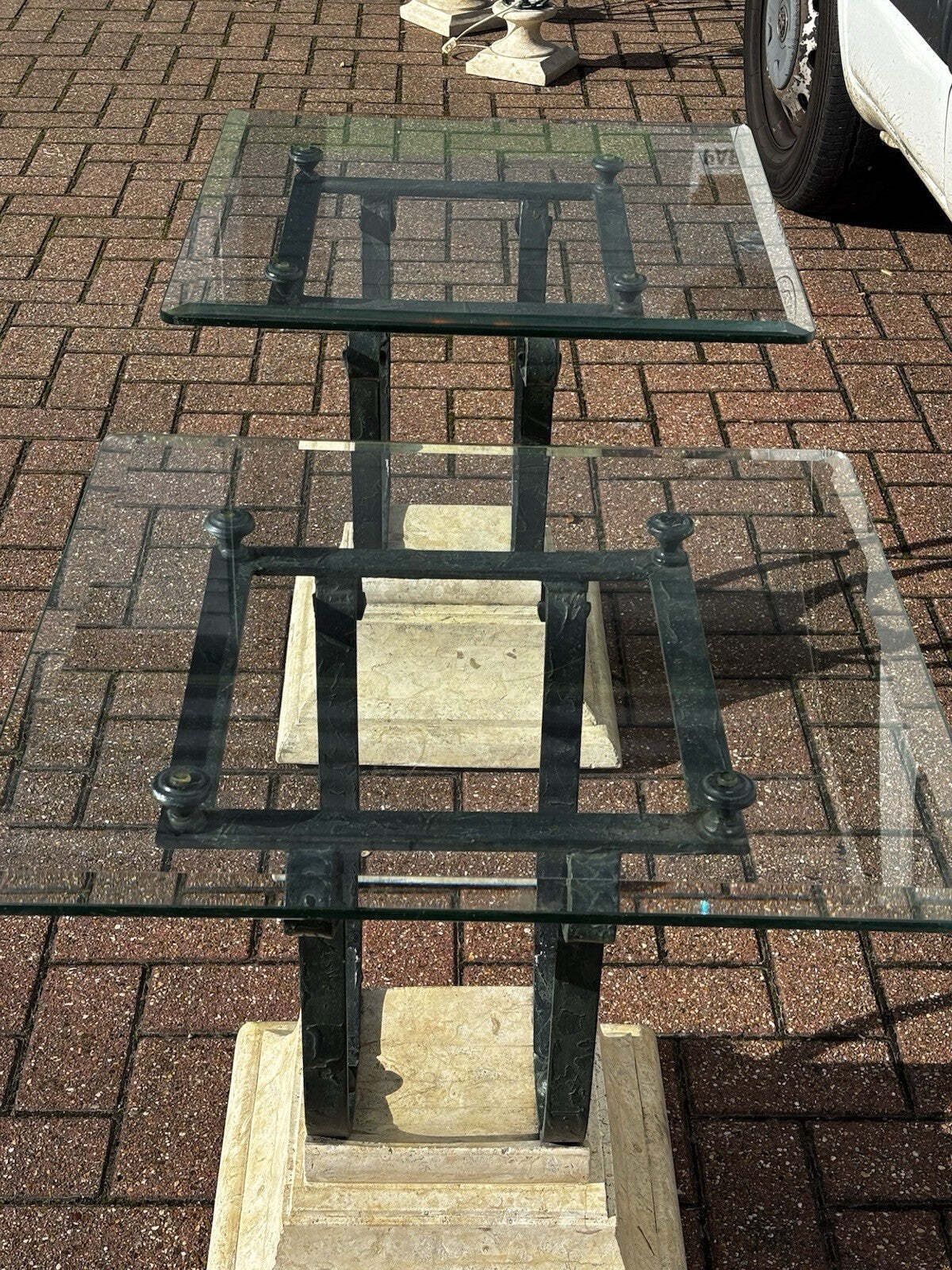 Mid Century Cast Iron & Faux Stone Glass Top Lamp Table With Matching Lamps. photo buy