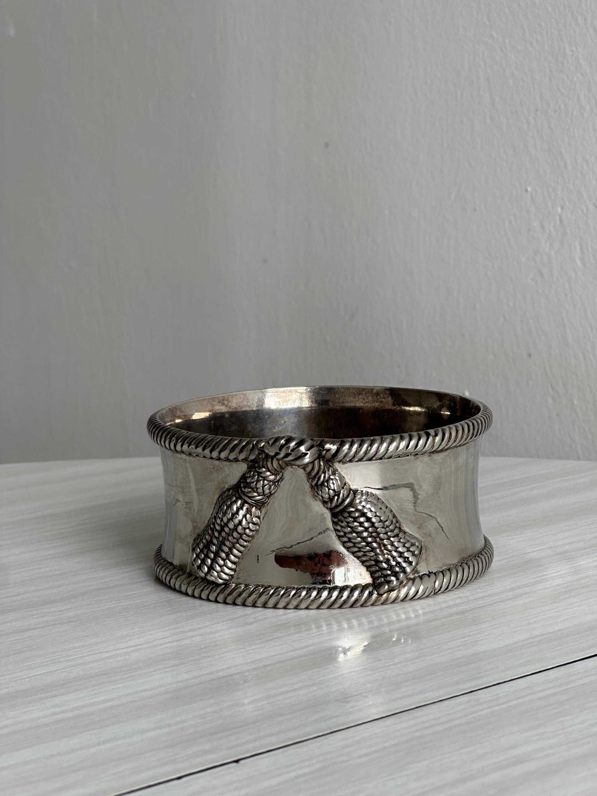 Antique Silver Metal Bottle Holder, Chic Decor With Sculpted Knot, Refined Tableware, Elegant Vintage Object, Stylish Gift photo furniture
