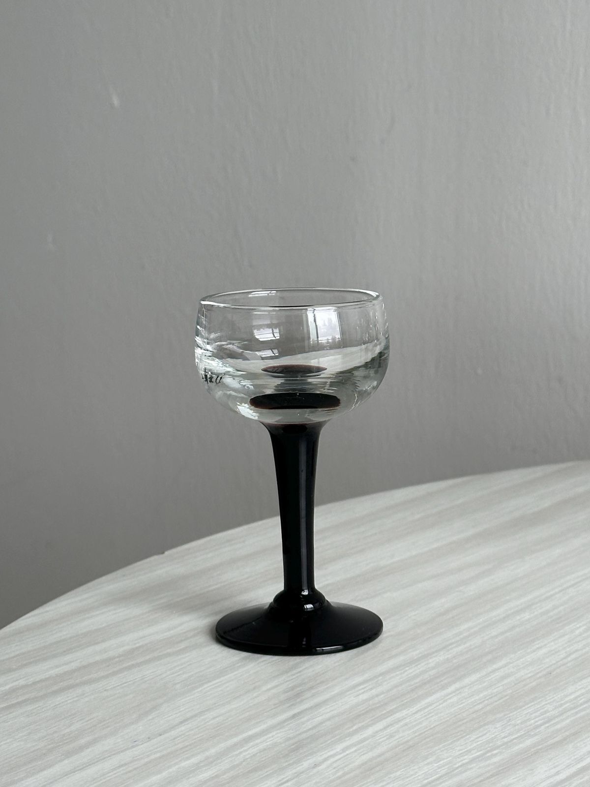 Set Of 10 Vintage Liqueur Glasses, Black Foot, Transparent Thick Glass, Chic Table Decoration, Elegant Retro Style, Digestive Glasses photo for sale