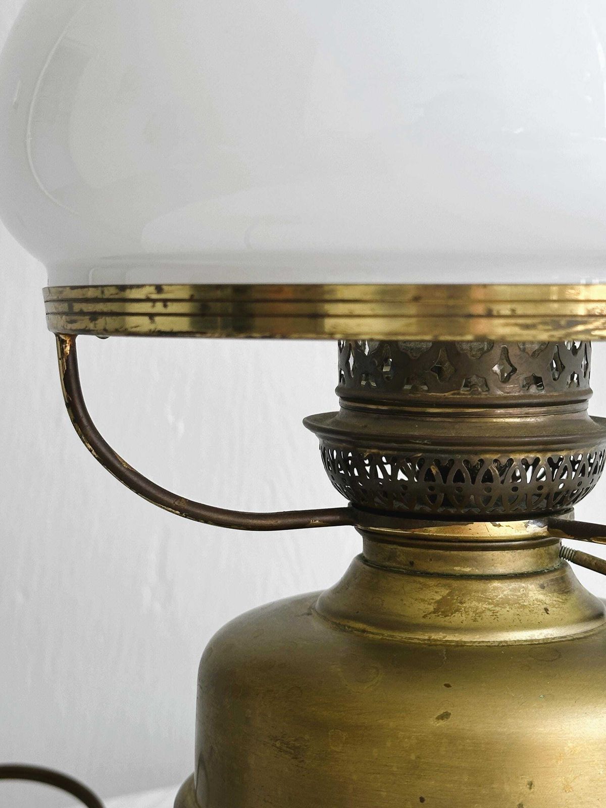 Vintage Brass Lamp, White Opaline Glass Shade, Retro Lighting, Office Decor, Unique Piece, Antique Gift, Warm Atmosphere photo for sale