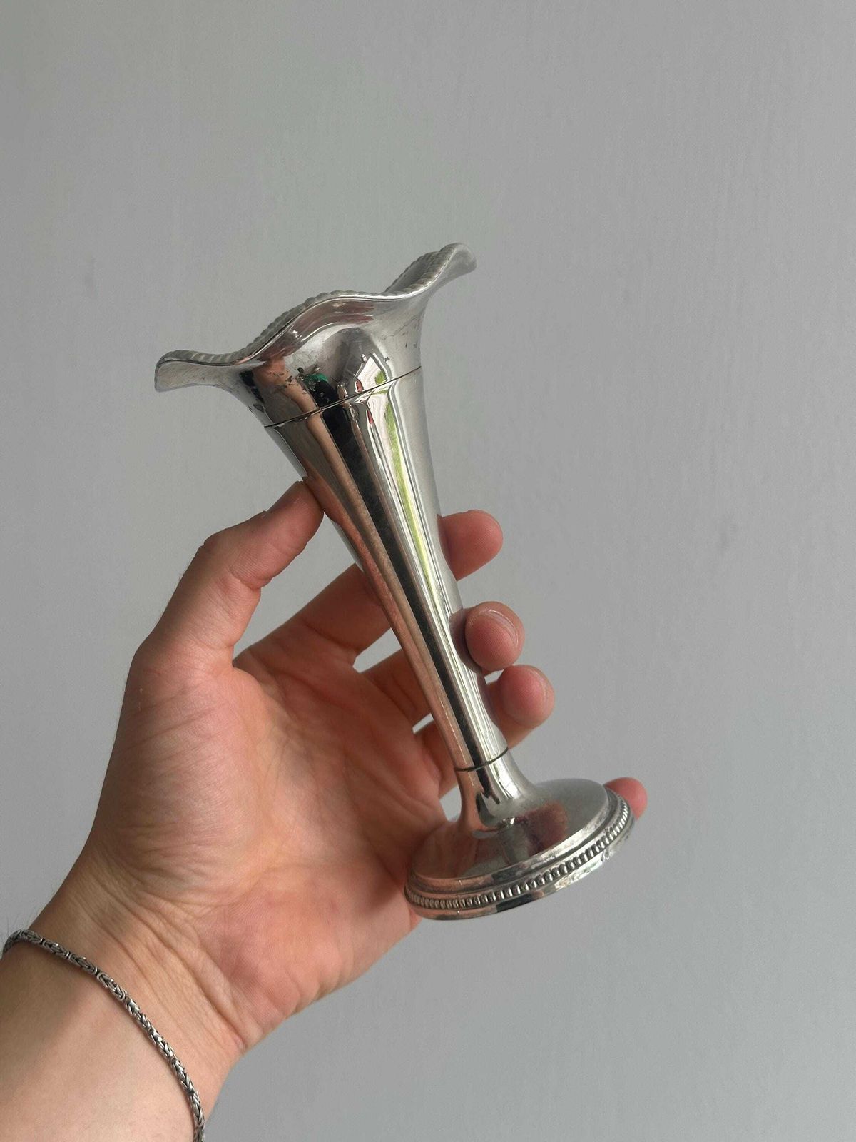Single Flower Vase In Shiny Silver Metal, Chic Antique Patina, Unique Object For Refined Decoration photo vinterior