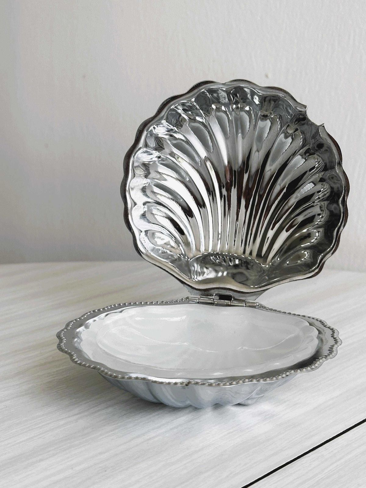 Antique Shell Butter Dish In White Glass And Metal, Refined Tableware, Chic Vintage Kitchen Item, Seaside Decor photo furniture