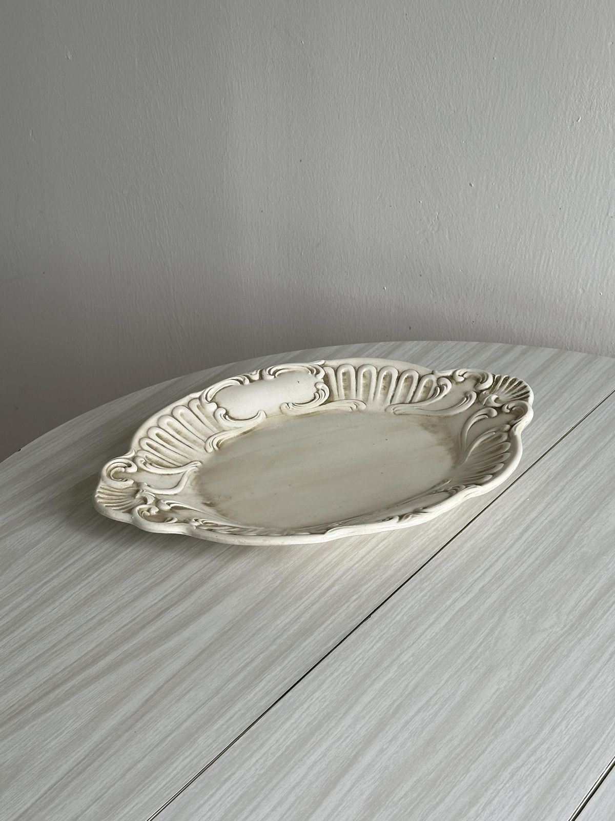 Antique Cream Ceramic Tray With A Faux Patina, Baroque Relief Decoration, Serving Dish, Shabby Chic, Retro Centerpiece Tray photo for sale